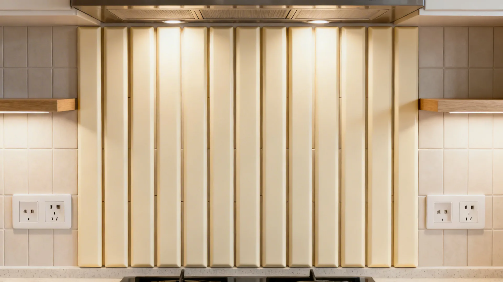 Top-down view of vertical kit-kat tile layout planned around outlets and shelves.