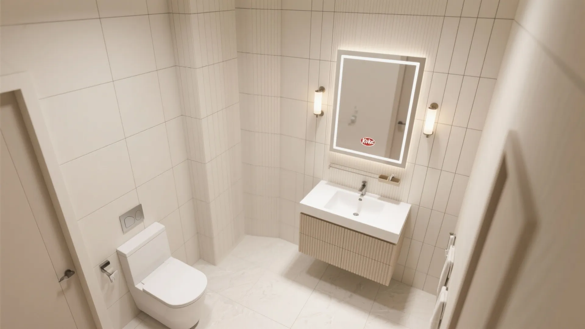 Modern bathroom design with a white toilet sink cabinet glowing mirror and two wall lights