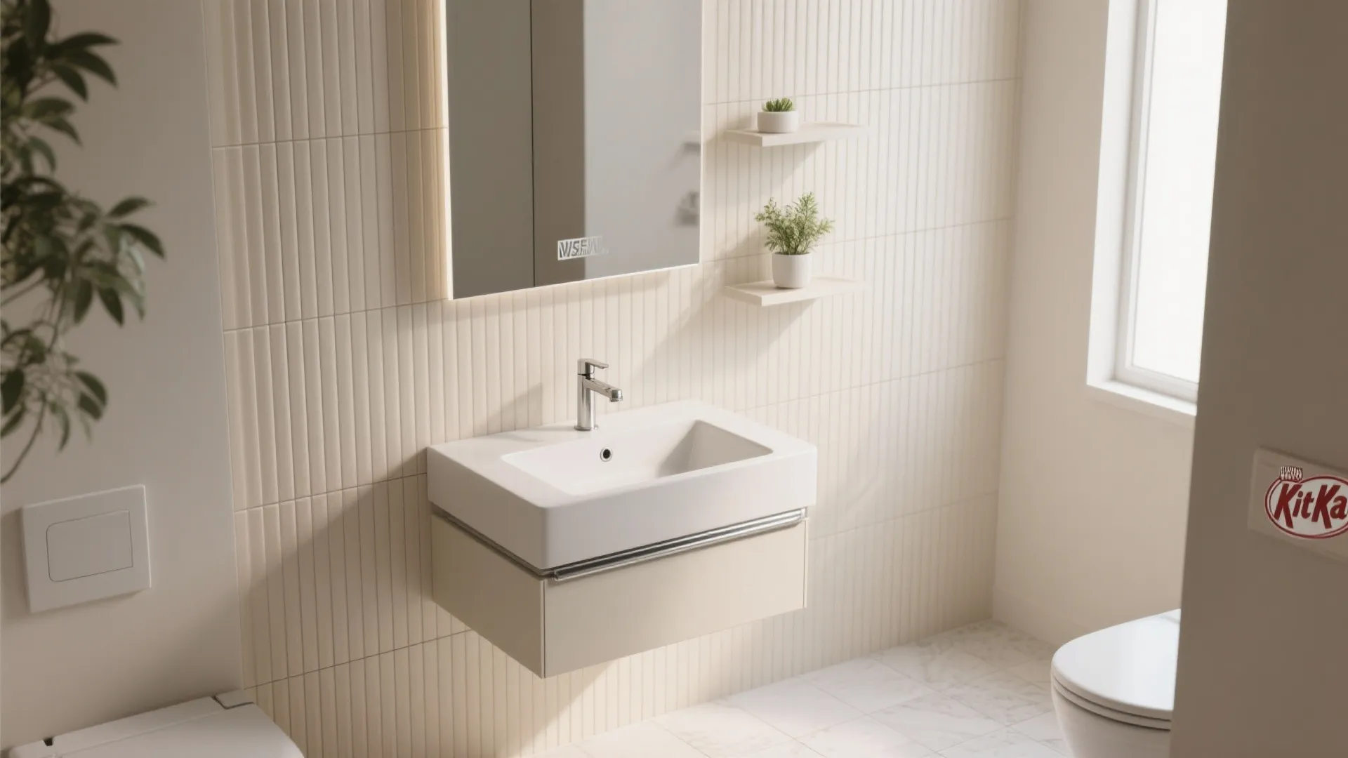 Modern bathroom featuring white sink, beige vertical wall tiles, backlit mirror, plants, and white toilet