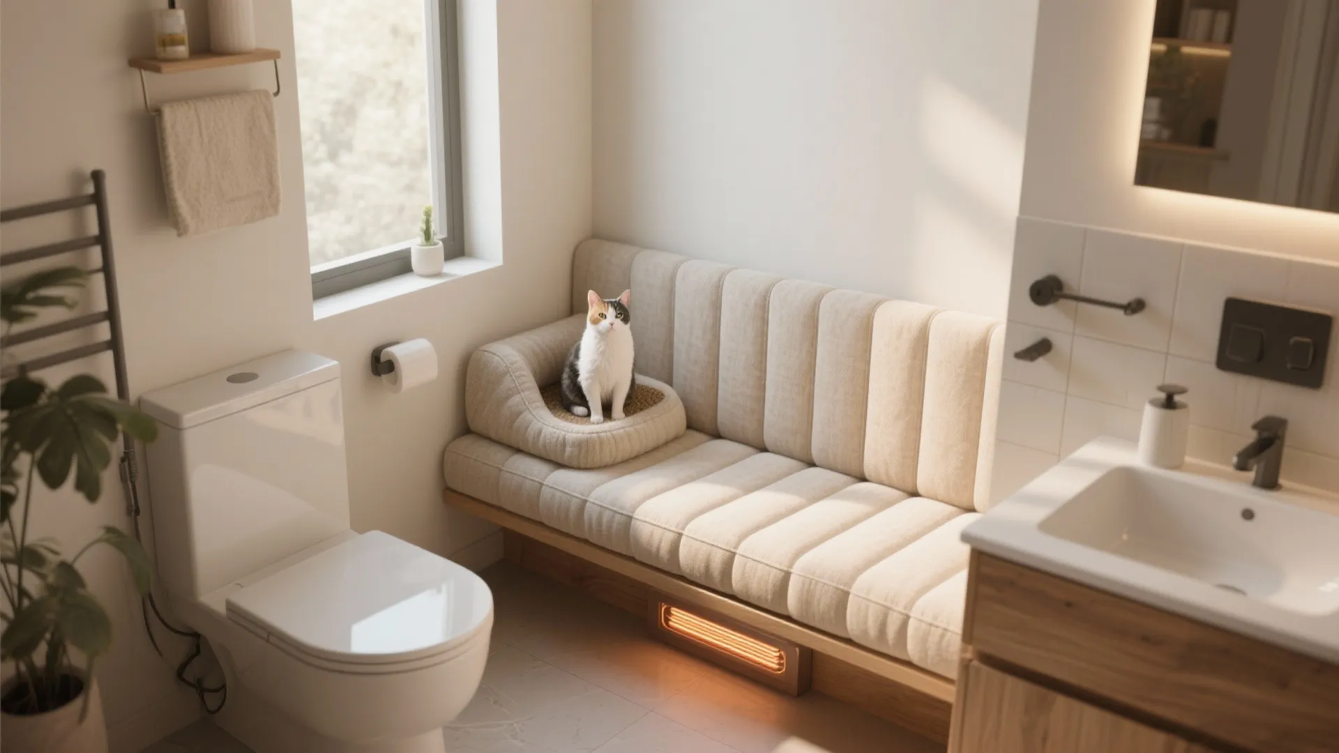 Modern bathroom with cat sitting on beige sofa near toilet sink window and warm light