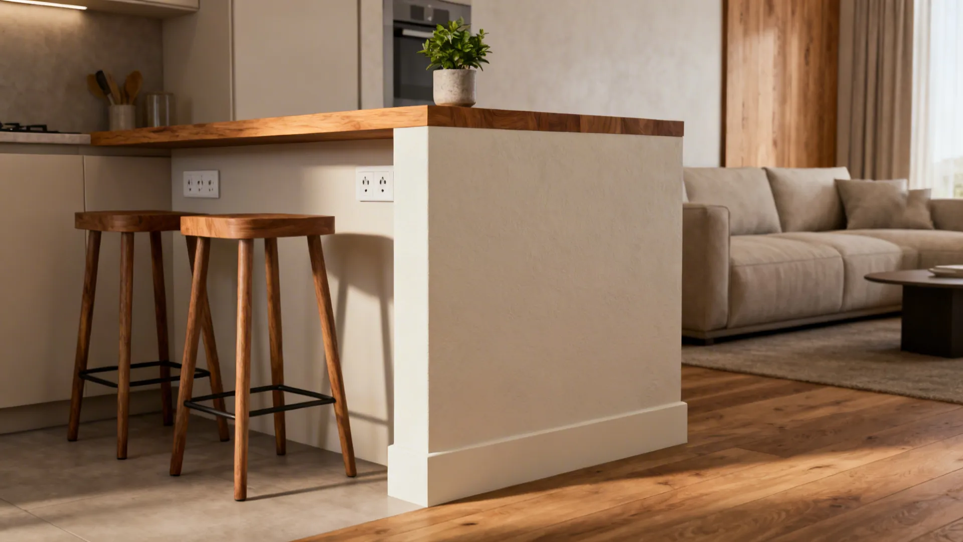 Half-wall partition with stools separating kitchen from living area and providing outlets.
