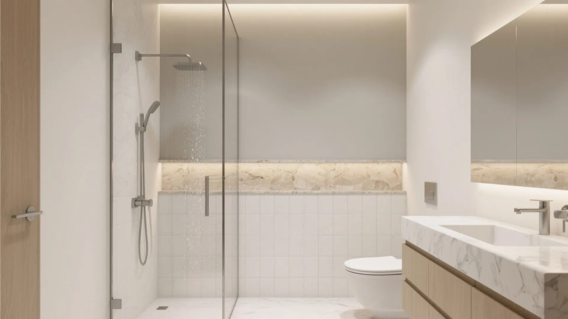 Bright minimalist bathroom featuring glass shower screen, white wall tiles, wooden cabinet and marble sink