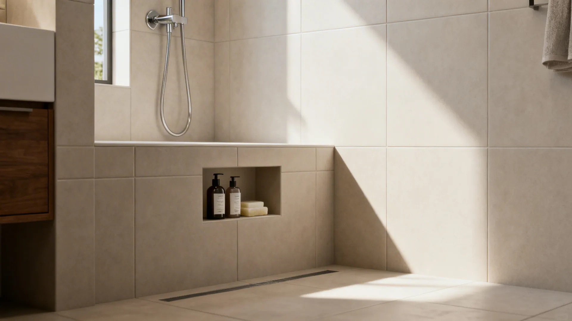 Small shower with a tiled knee wall and recessed niche for toiletries.