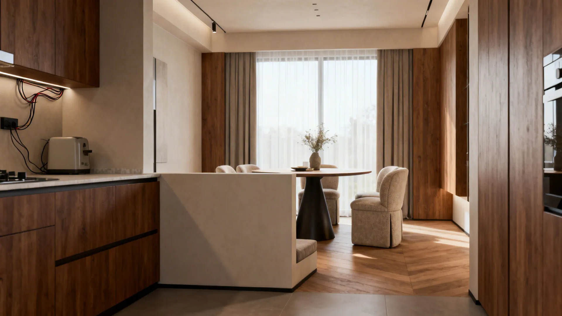 Dining area with round table, beige chairs, wooden wall panel, and windows with grey curtains