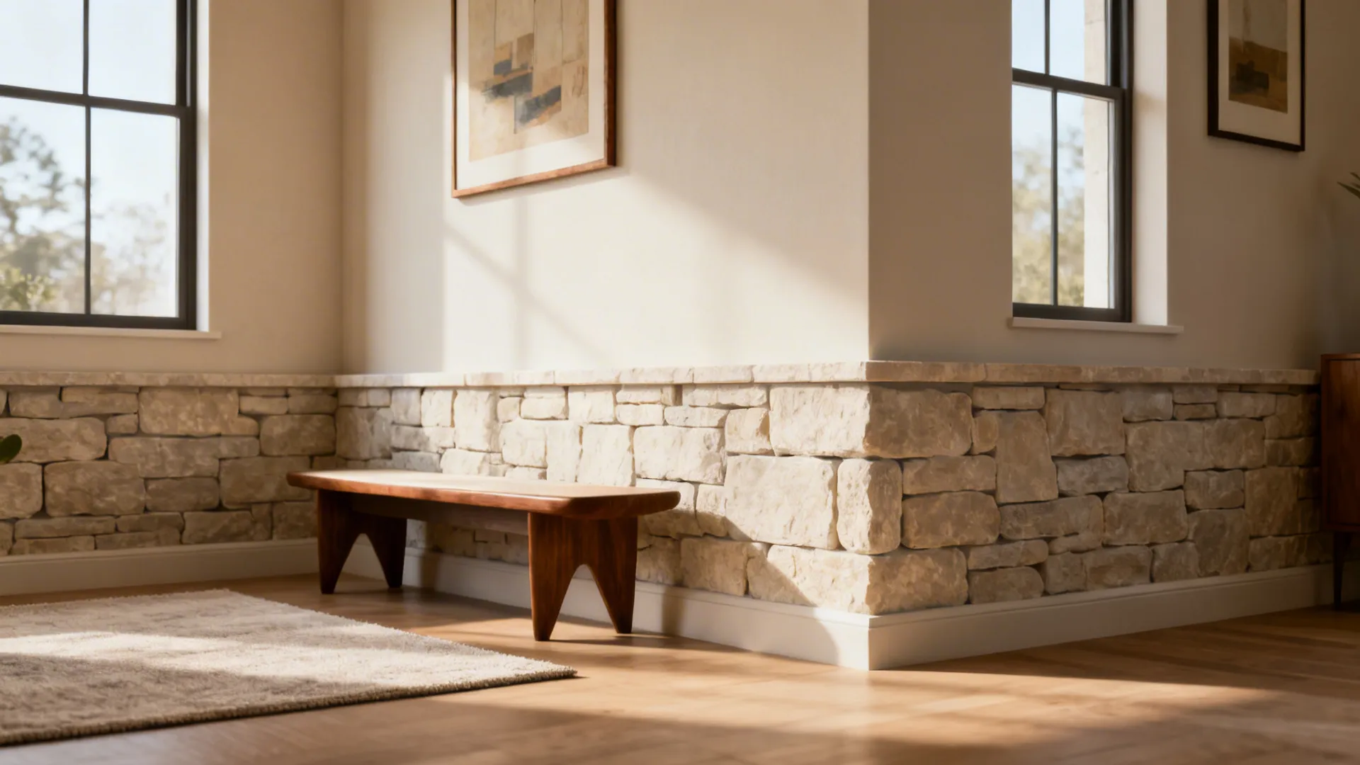 Living room with low knee wall stone cladding and painted upper wall with framed art and natural light.