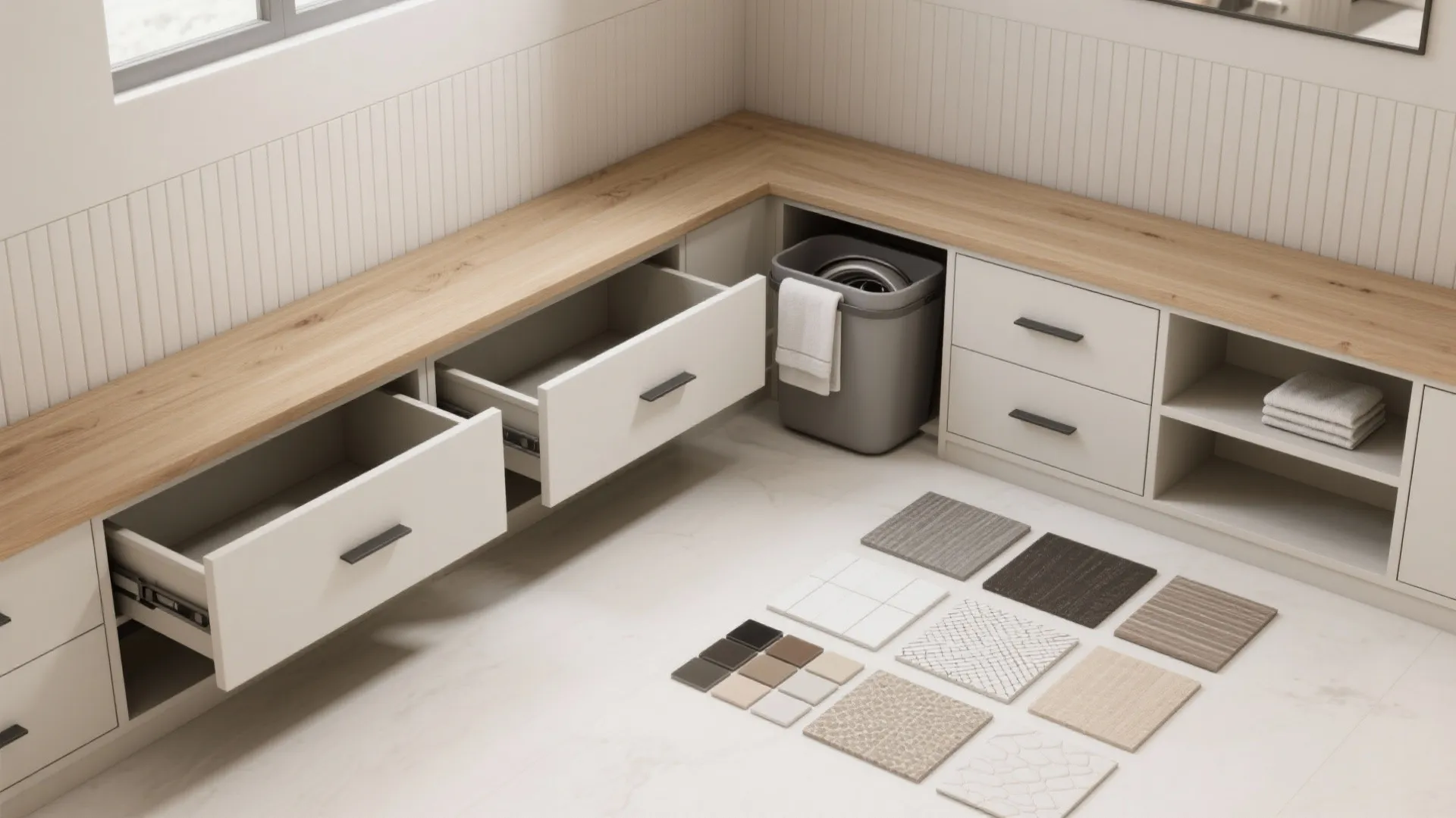 Flatlay of knee-wall storage solutions and finish samples for an attic bathroom.