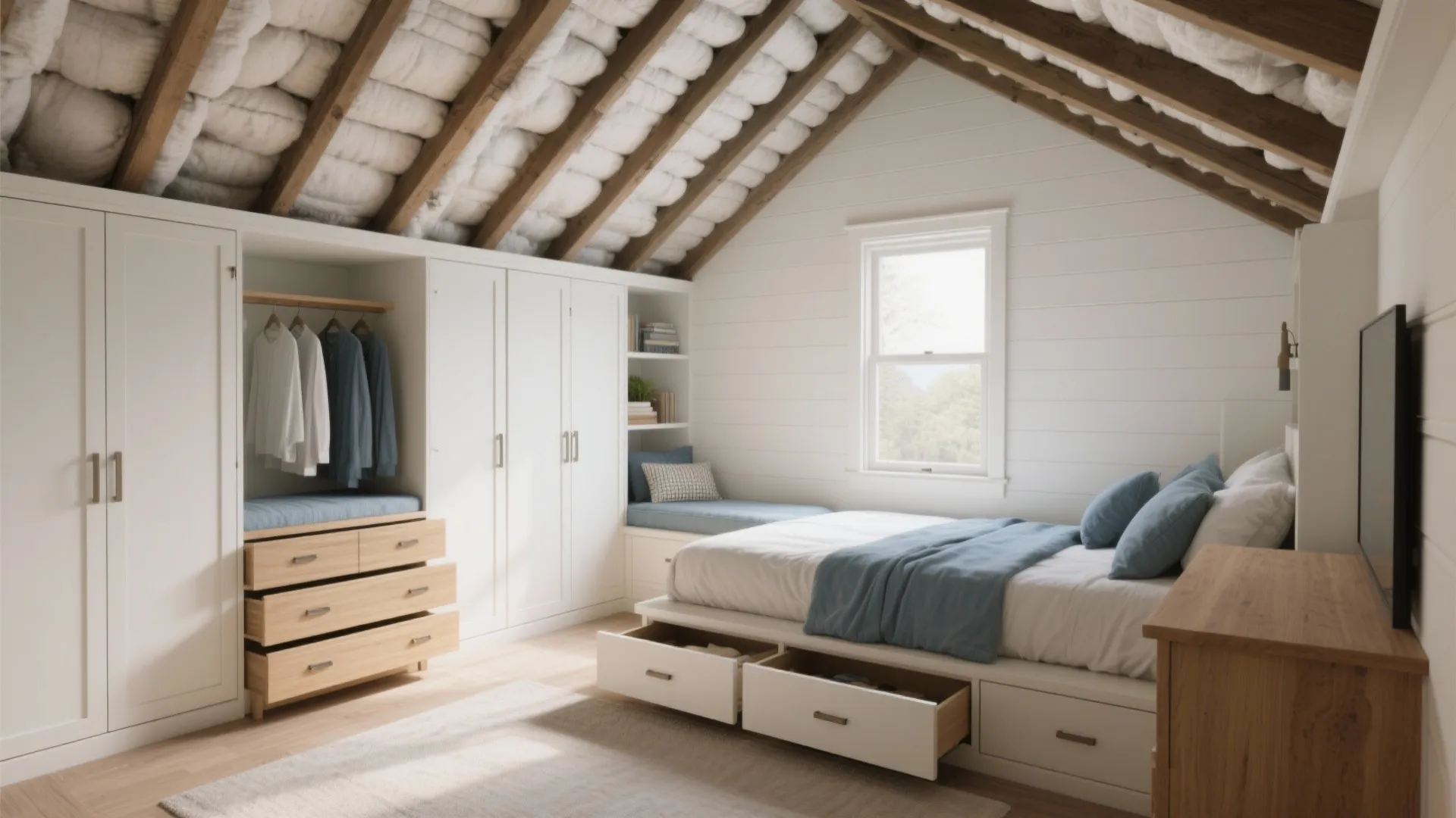 Attic bedroom with knee wall drawers, low wardrobes, and a window seat that frees space for a queen bed.