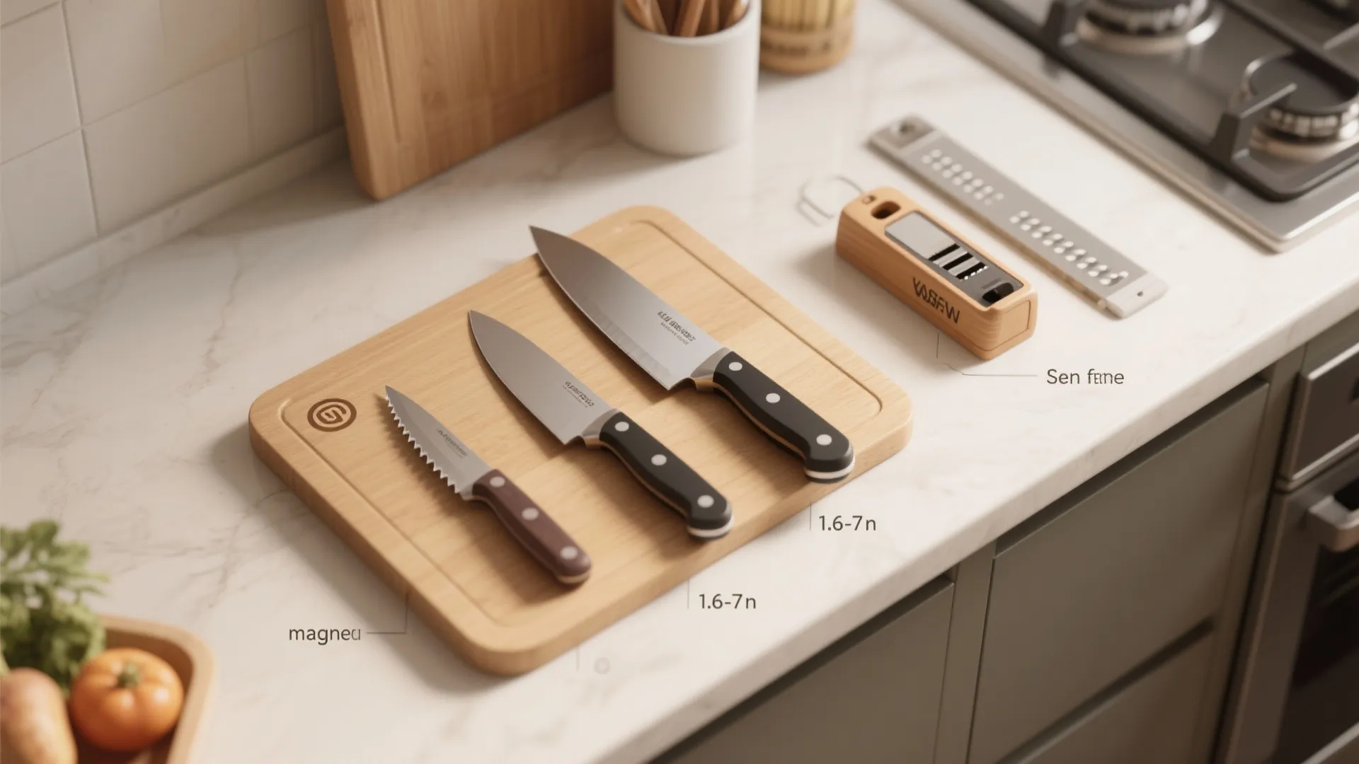 Top-down layout of essential small-kitchen knives, sharpener and storage options for quick reference
