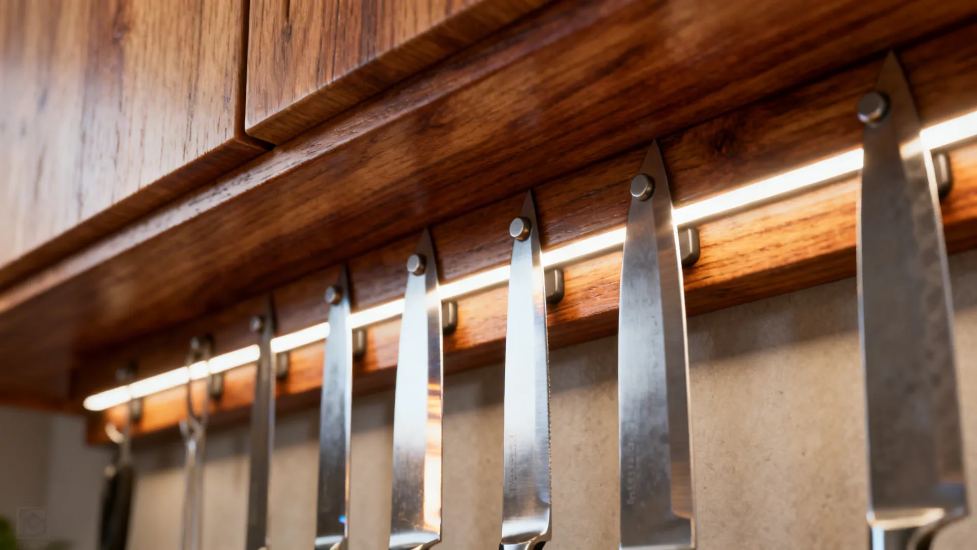 Close-up of an oak magnetic knife rail under a cabinet with subtle LED task light.