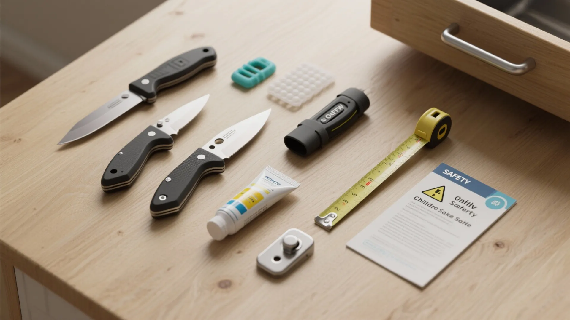 Various kitchen tools and safety equipment like knives and tape measure on a wooden table