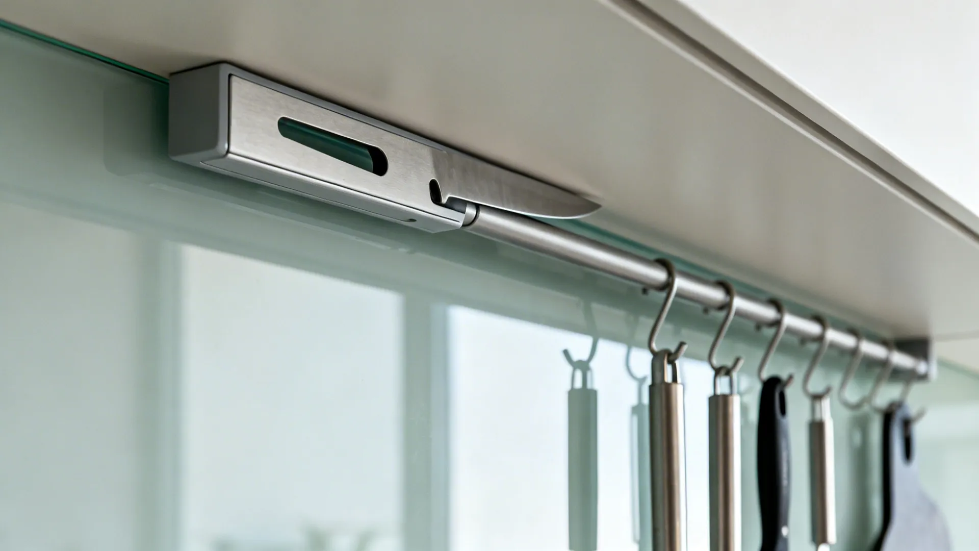 Close up of a metal knife holder and hanging rack for tools under kitchen cabinets