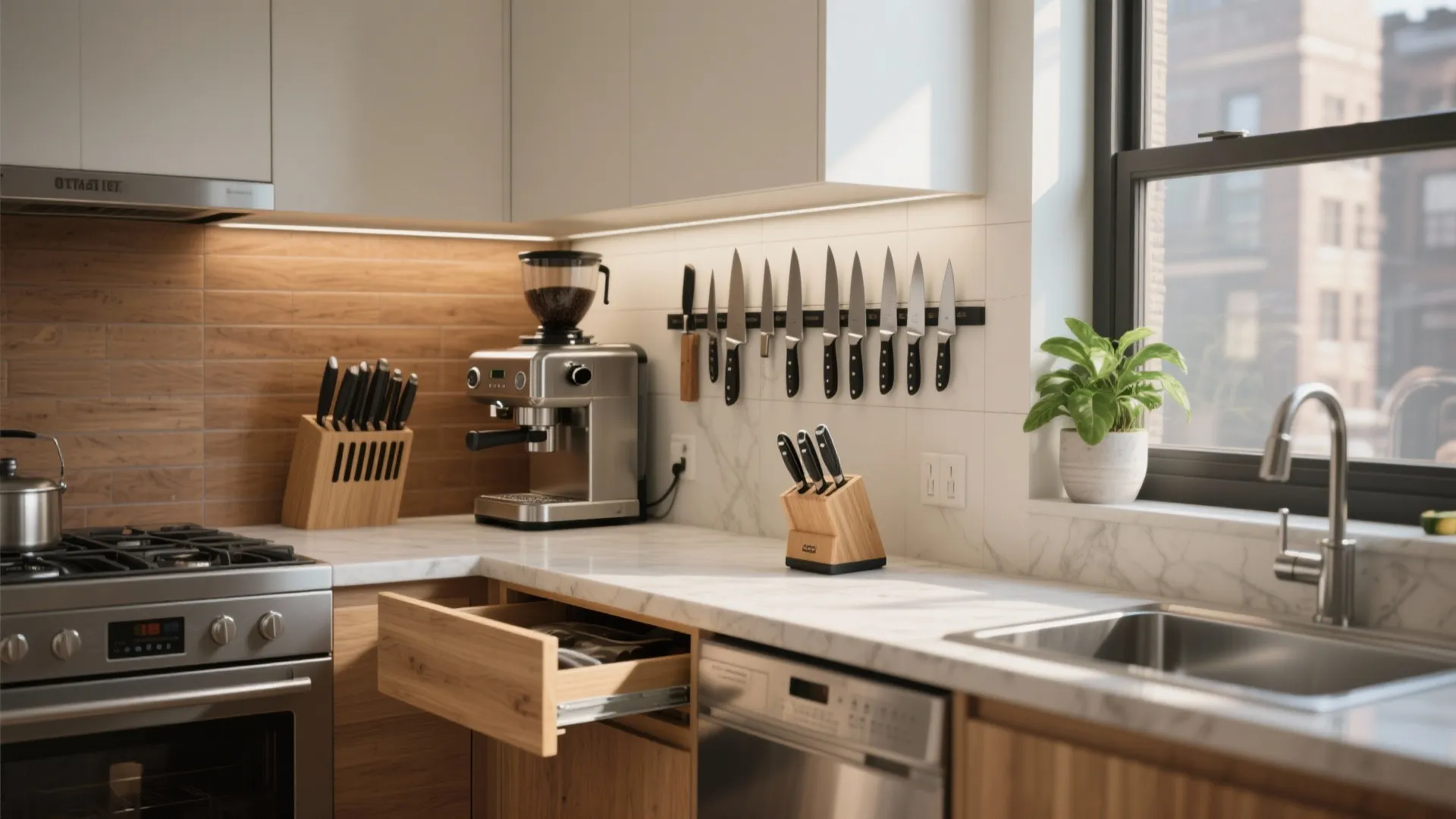 Modern kitchen with various knife storage options including wooden blocks and a magnetic wall strip