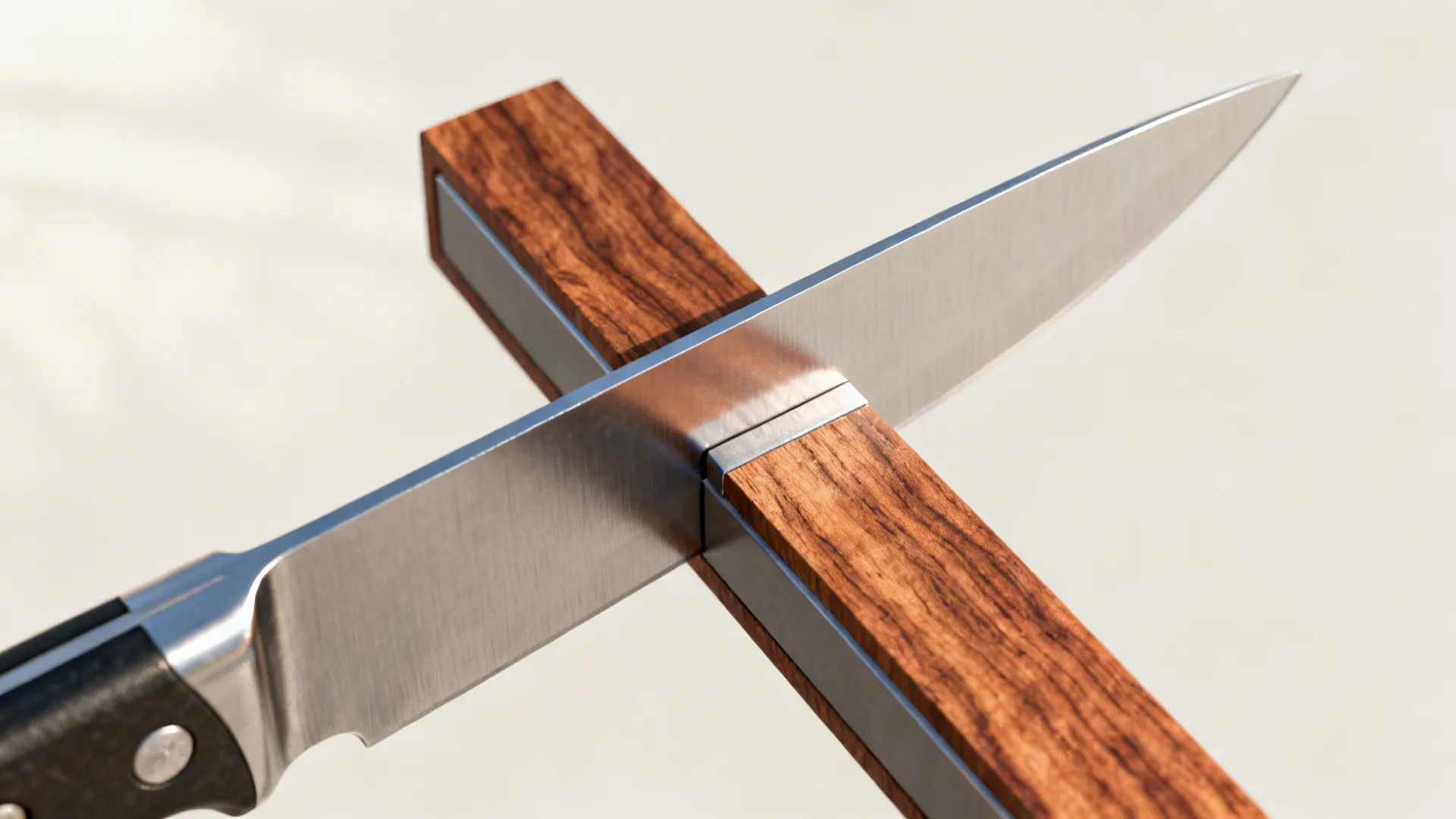 Macro of a stainless knife held on a walnut magnetic strip, showing wood grain and metal.