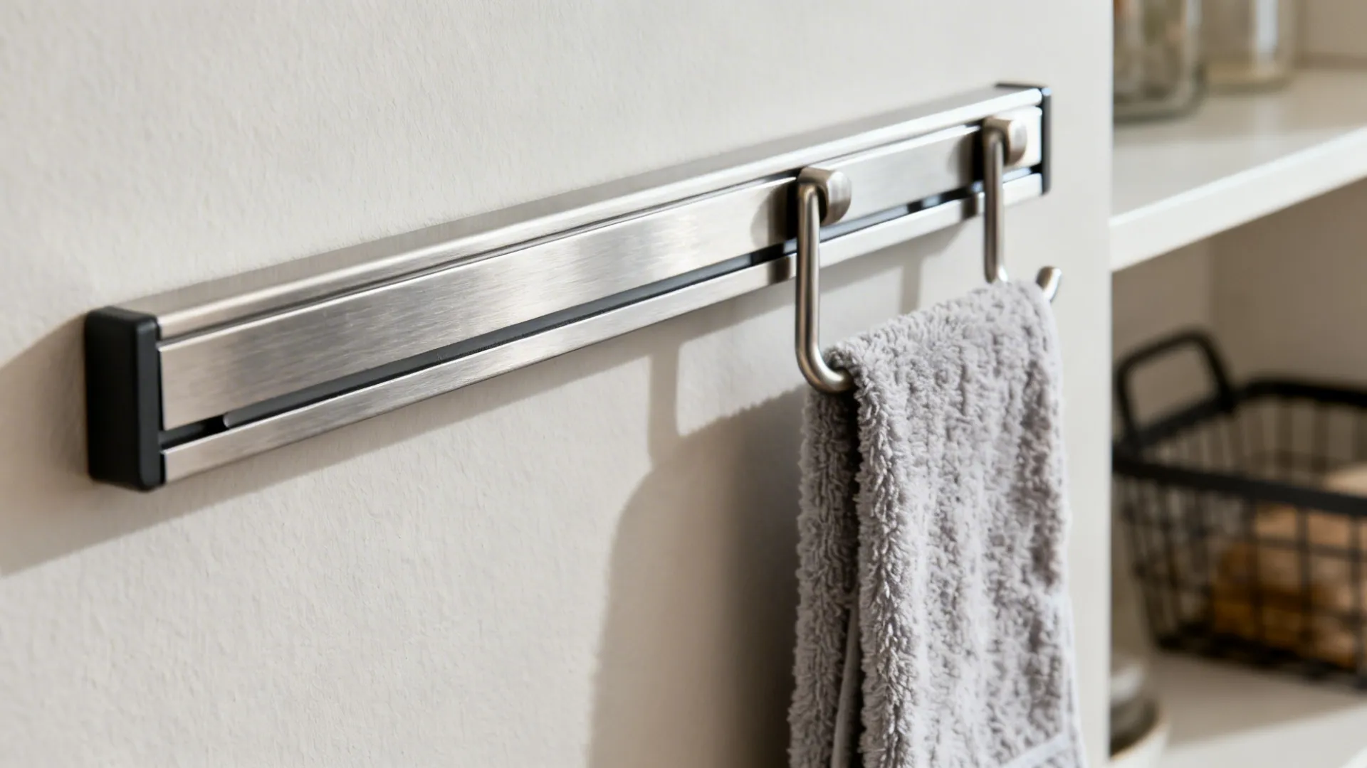 Close up of a metal wall rack with a grey towel hanging on silver hook