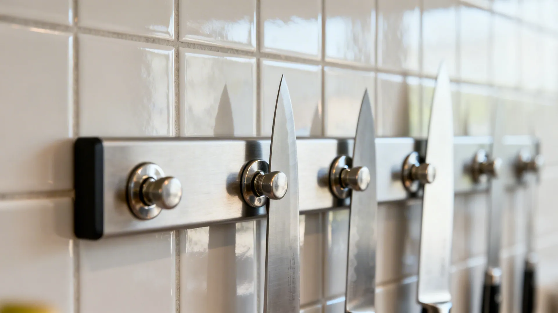 Magnetic knife strip holding several kitchen knives on a white tile wall in modern kitchen