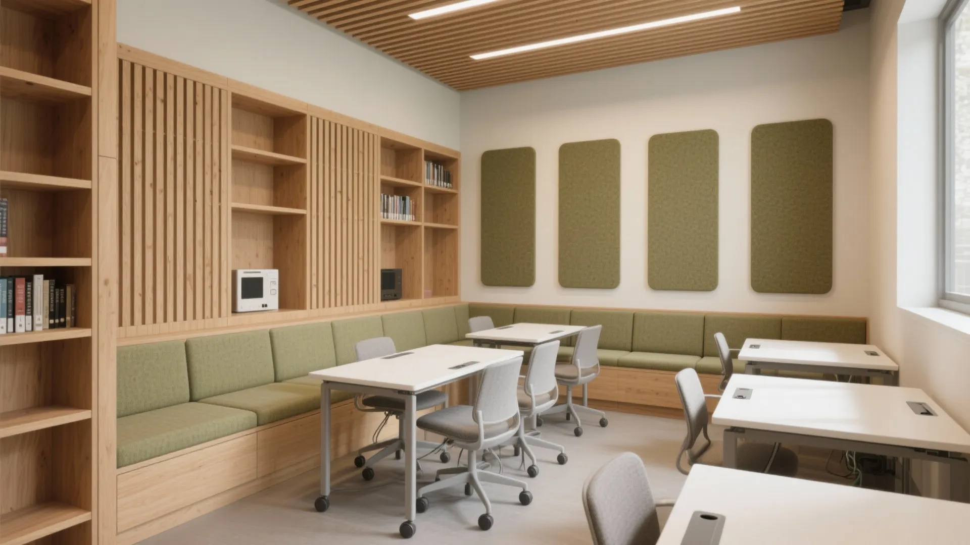 Modern classroom design featuring light wood bookshelves green wall panels white desks and grey office chairs