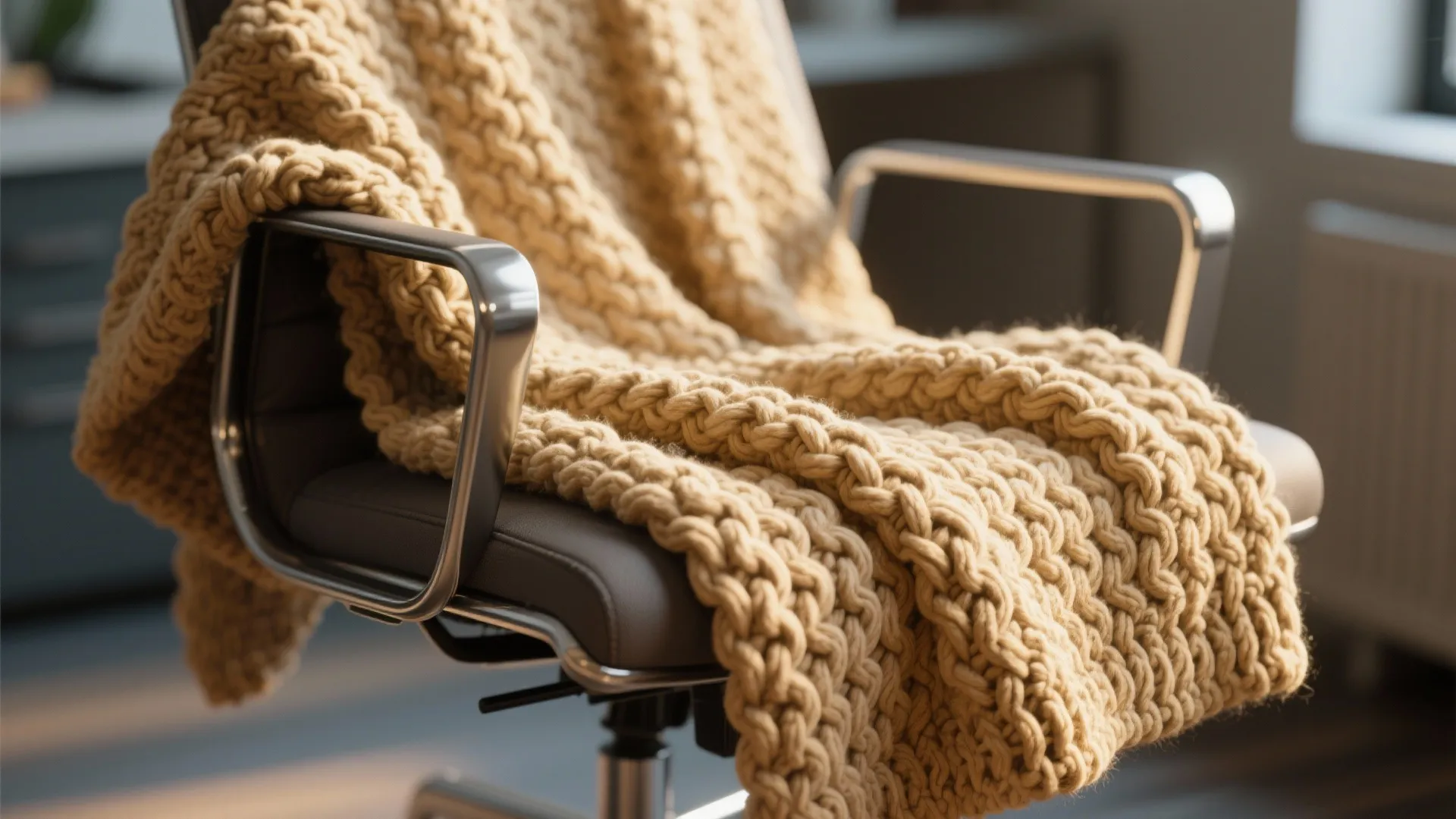 Beige chunky knit blanket draped over a grey office chair with metal armrests in sunlight