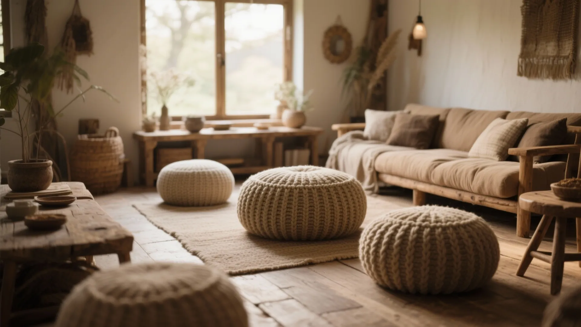 10. Oversized Knitted Poufs and Floor Seating