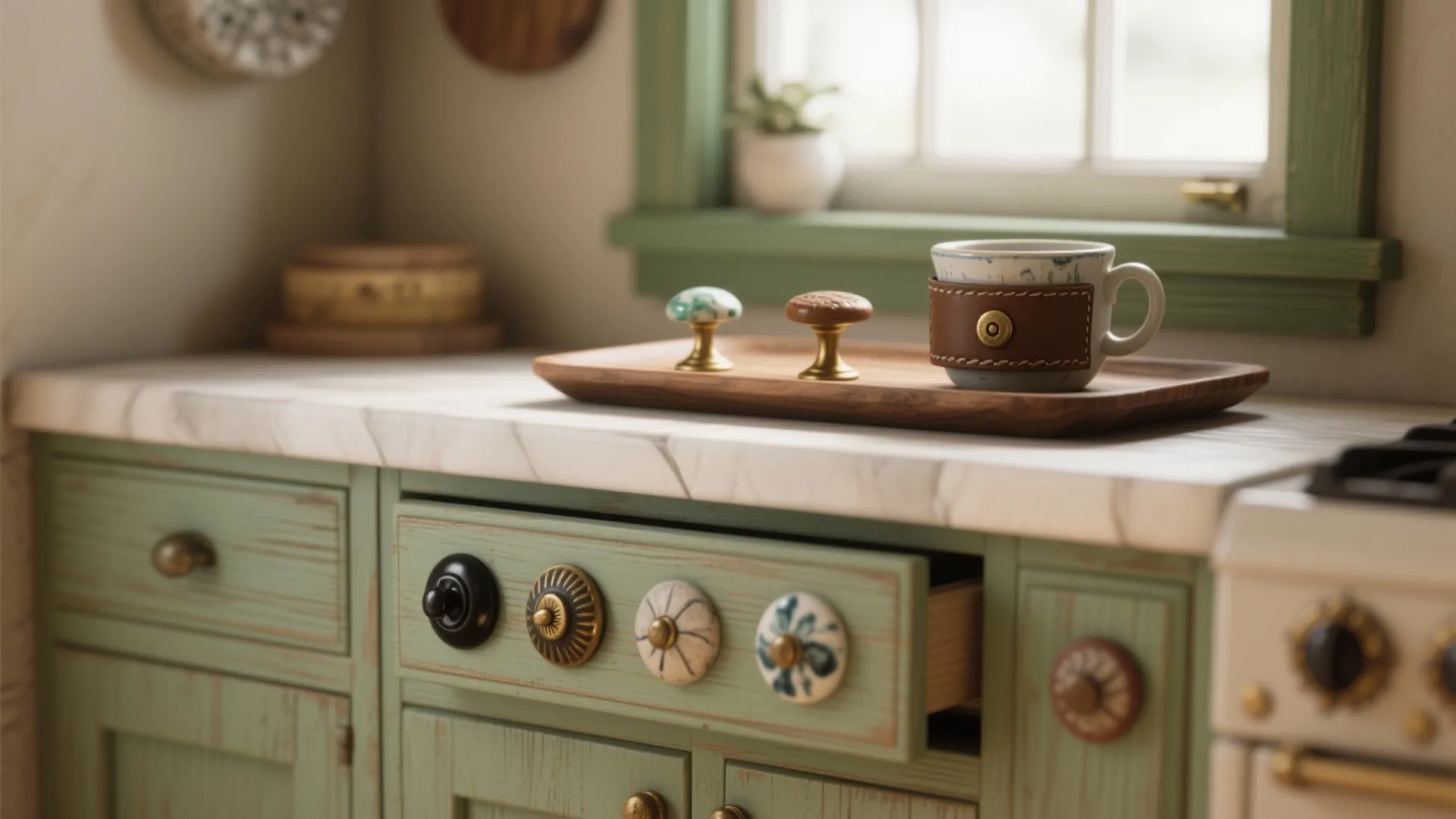 Green kitchen cabinets with various vintage knobs and a coffee cup on a wooden tray