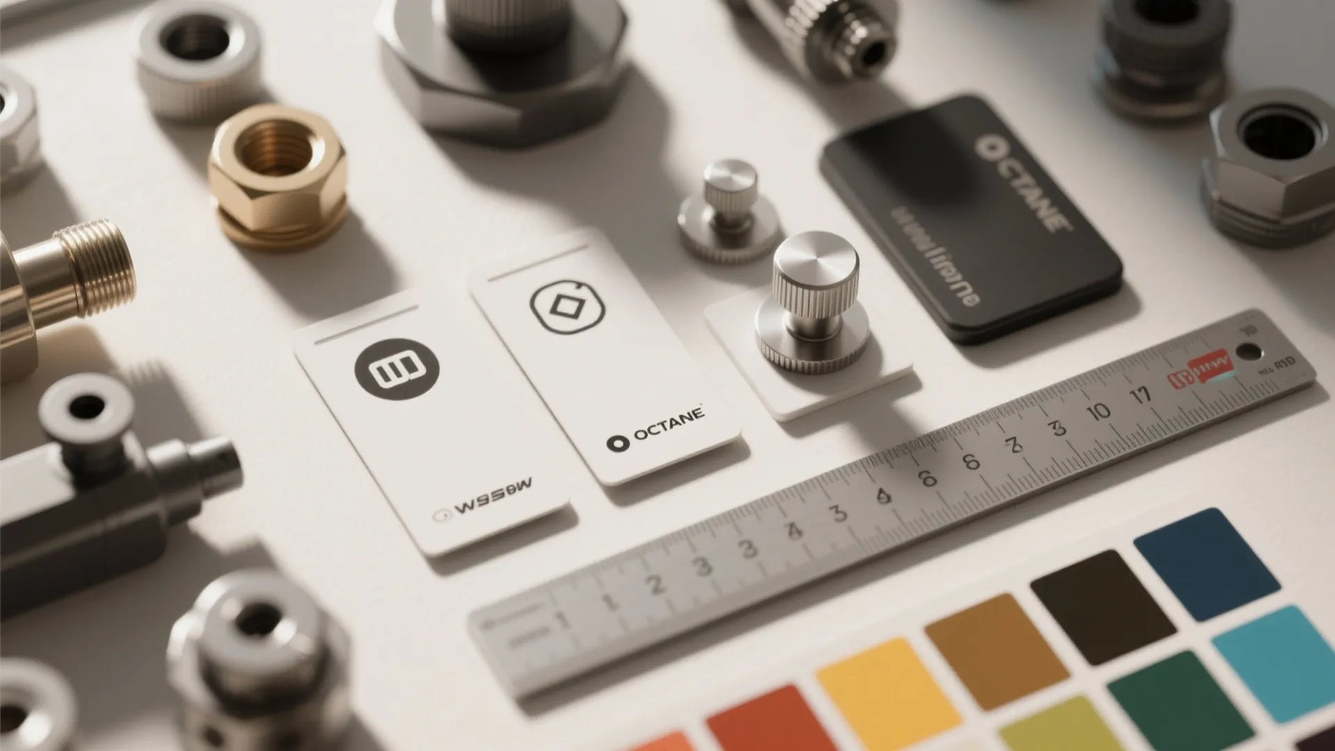 Metal hardware parts including nuts and screws placed next to a ruler and colorful samples