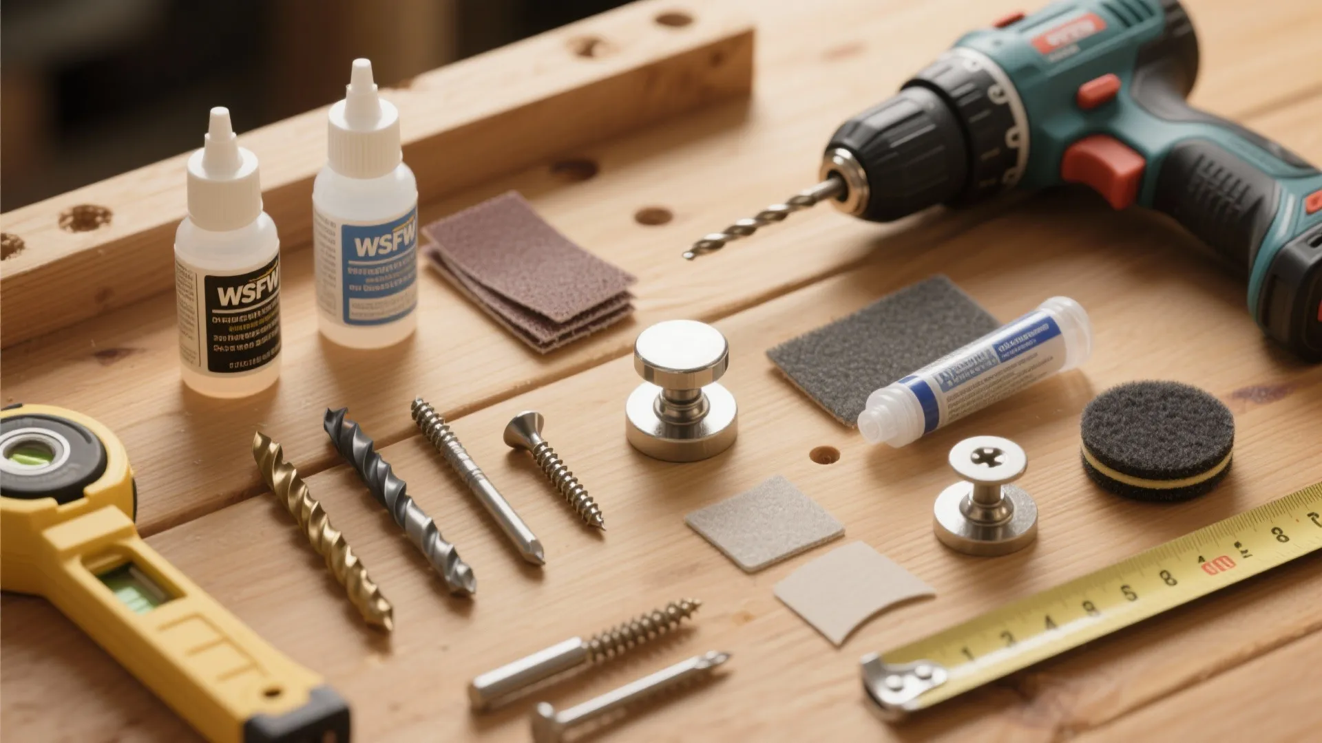 Various hardware tools including a drill screws glue and measuring tape on a wooden table
