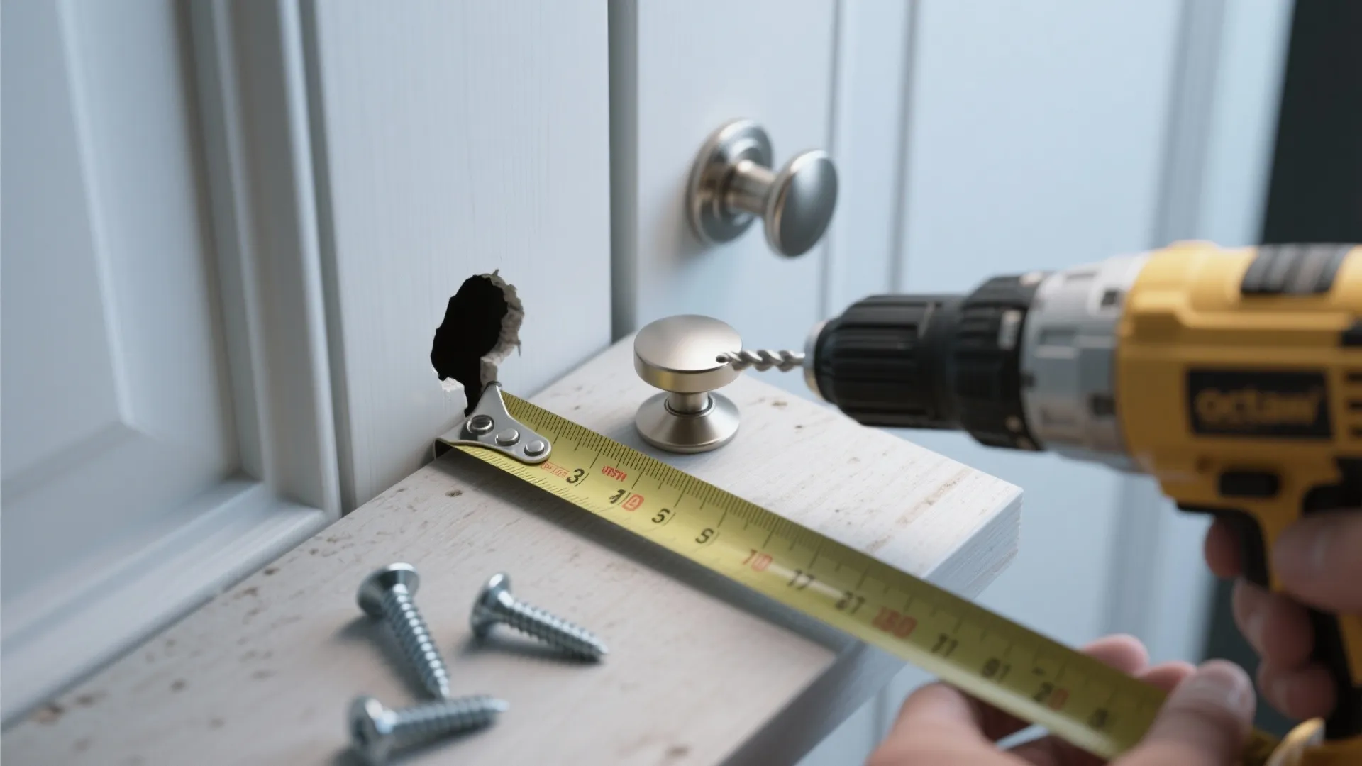 Top-down view of measuring and testing a cabinet knob with tools and sample board.