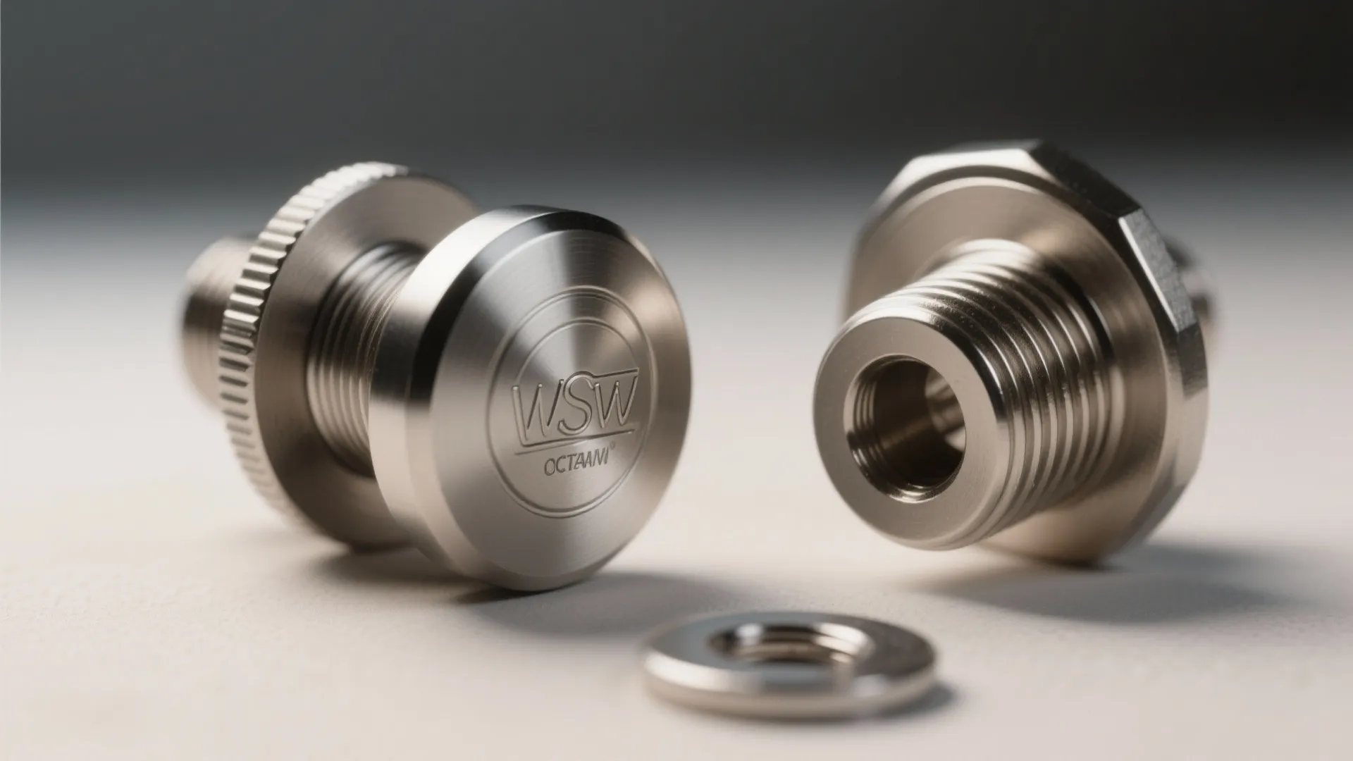 Comparison close-up of zinc alloy and stainless-steel knobs with a washer.