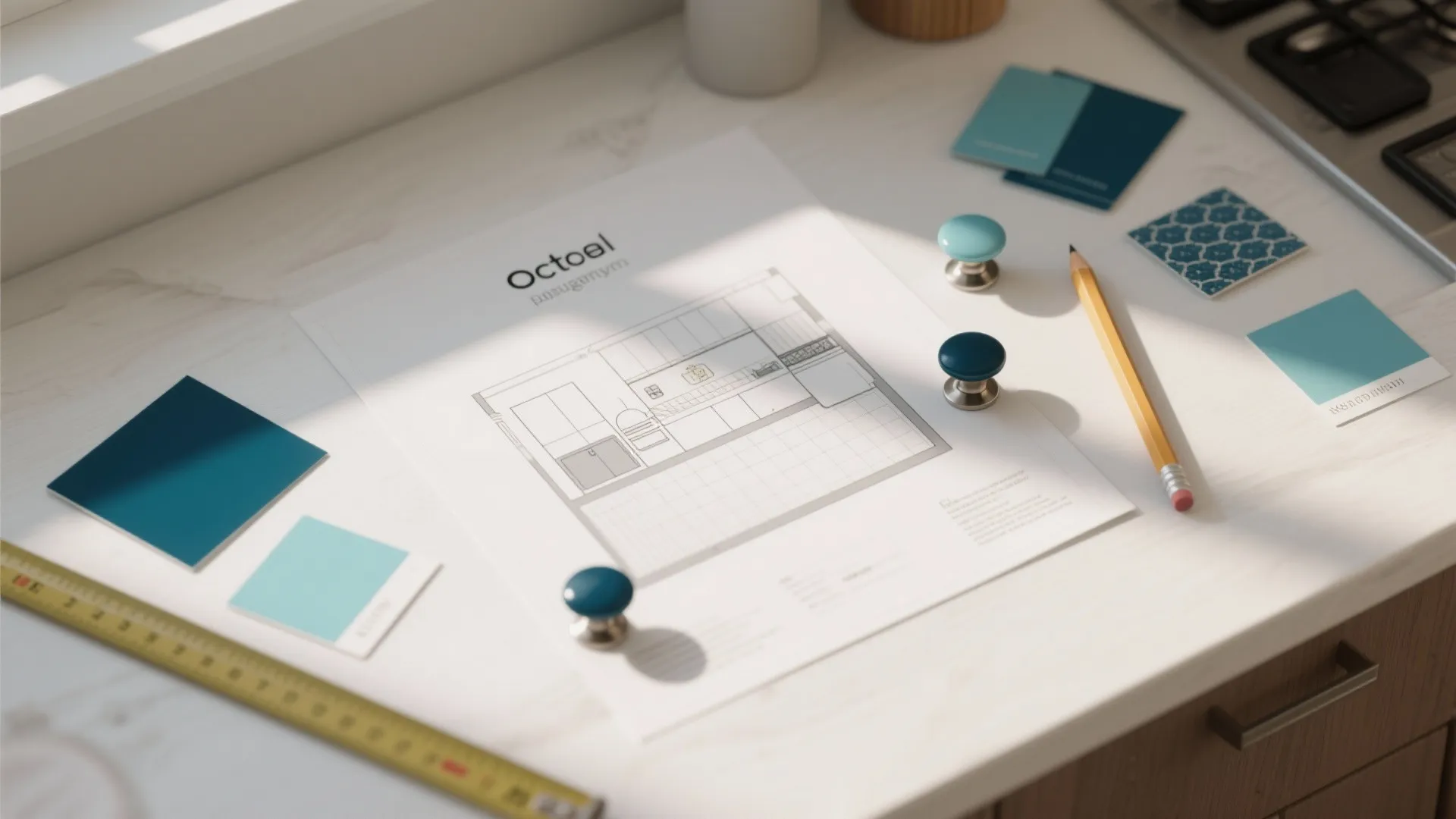 Interior design drawing on white desk with blue color swatches small knobs pencil and measuring tape