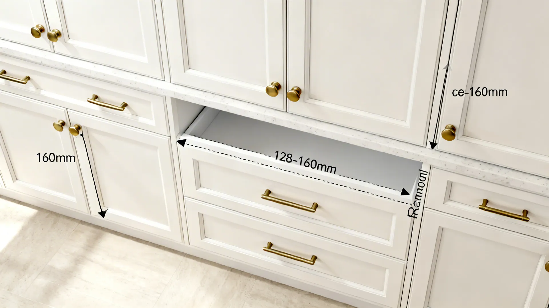 Top-down view showing knobs on uppers and pulls on lower drawers.