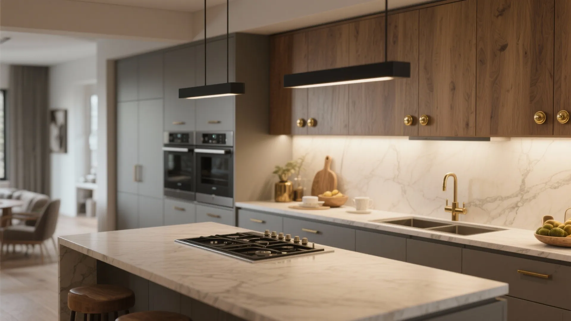 Modern kitchen island with marble top grey cabinets wood cabinets gold knobs and black lights