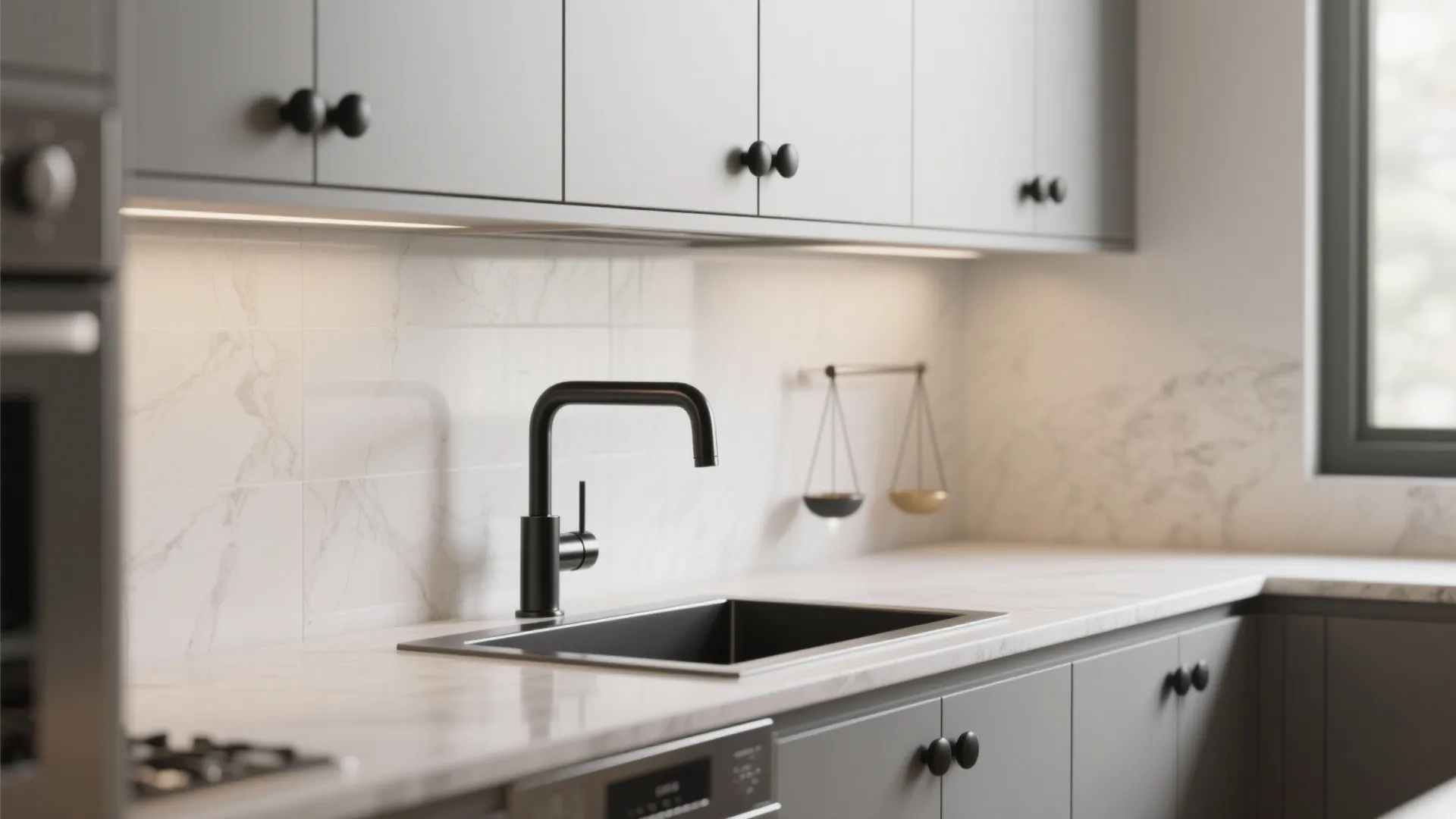 Modern kitchen with grey cabinets black knobs a black faucet and white marble wall panels