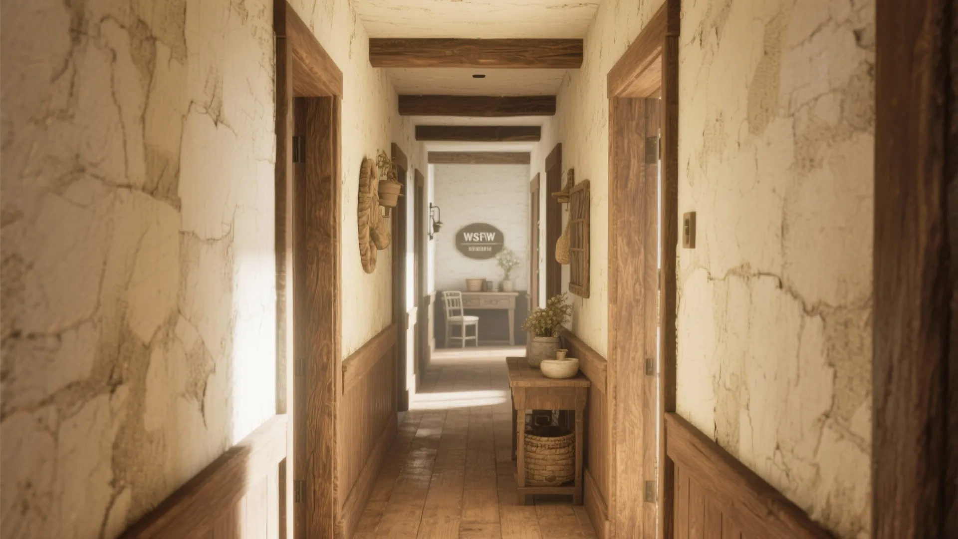 Rustic narrow hallway with textured white walls wooden door frames floor boards and ceiling light beams