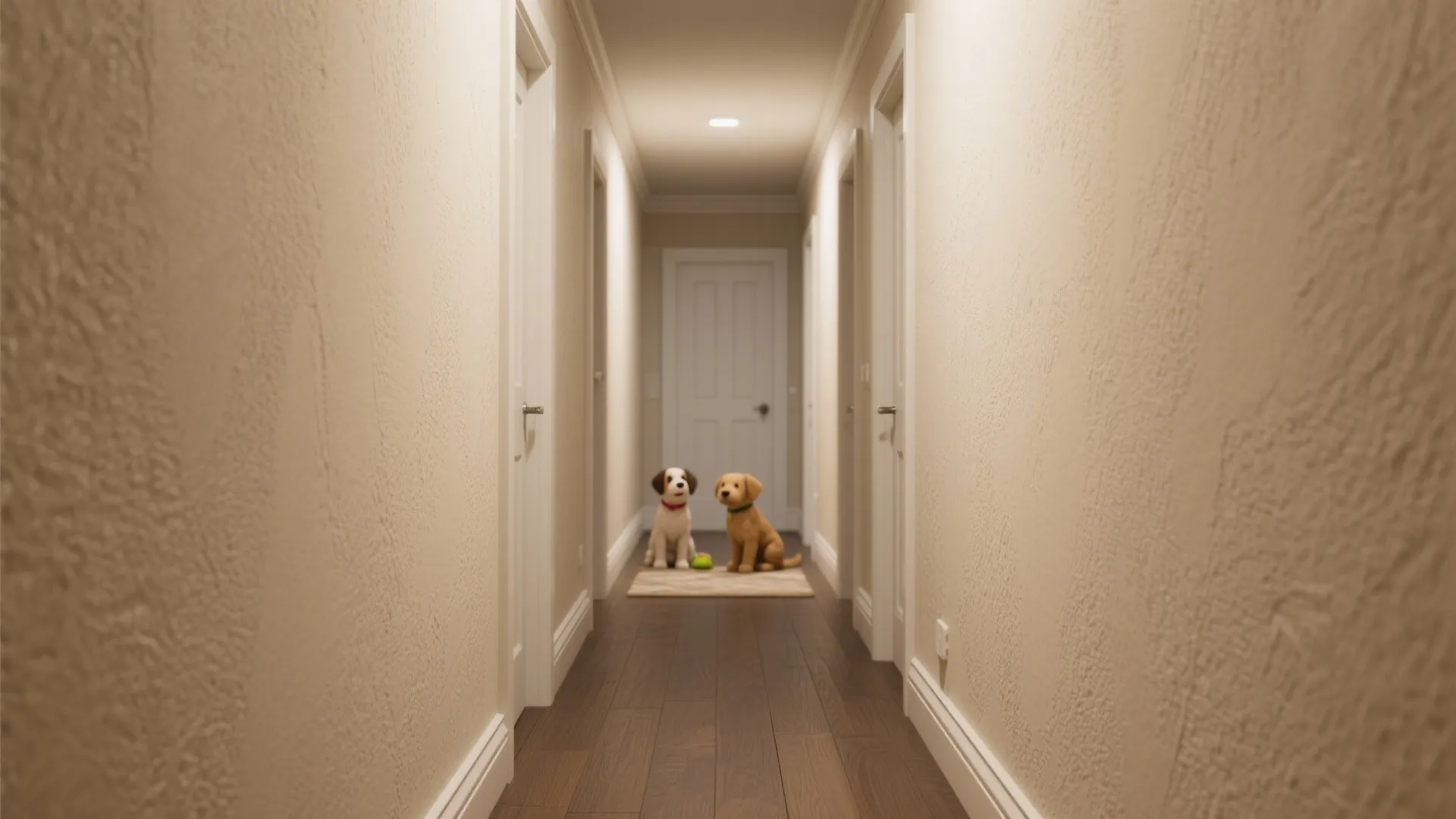 Narrow home hallway with dark wood floors white doors and two small toy dogs sitting