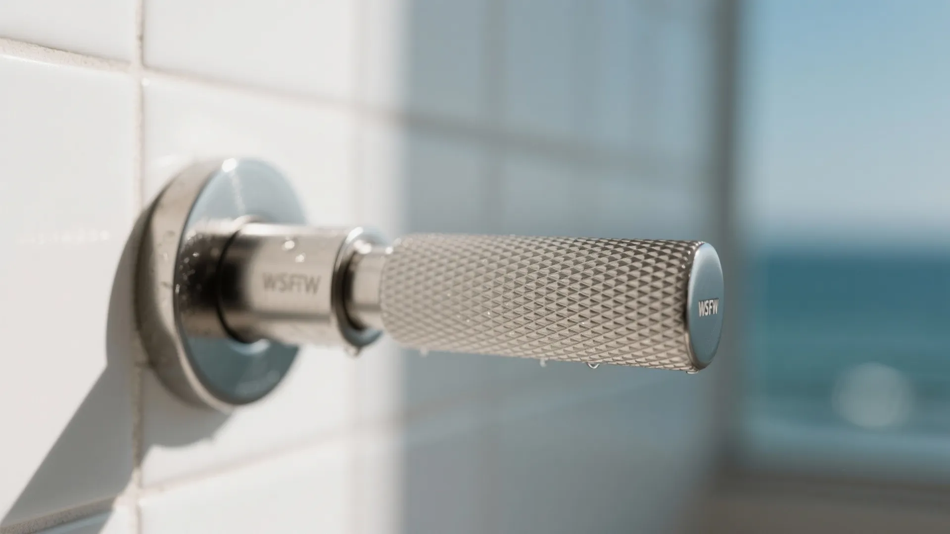 Textured silver metal shower handle with water droplets mounted on a white tiled bathroom wall