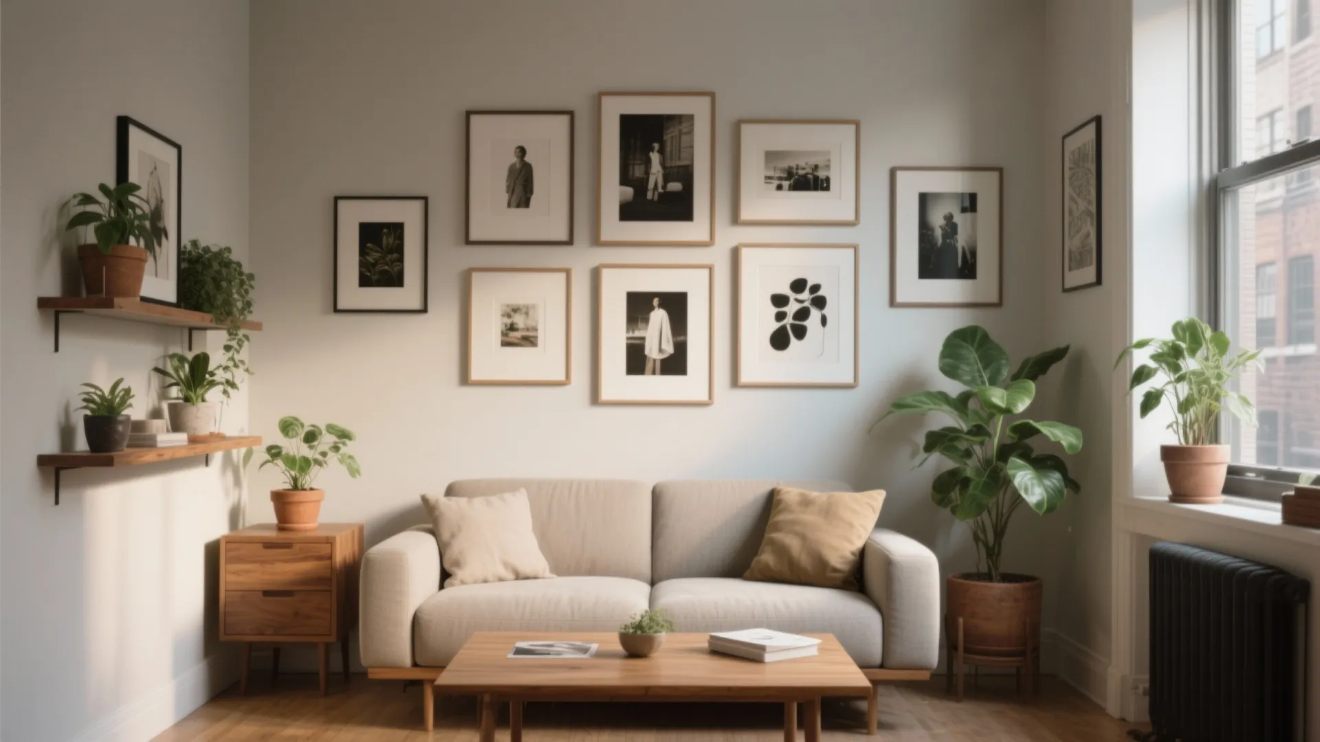 Living room with small beige sofa wooden coffee table potted plants and many framed pictures