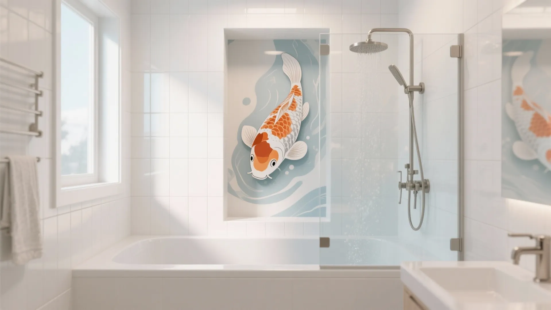 Playful Koi Mural in the Shower Niche
