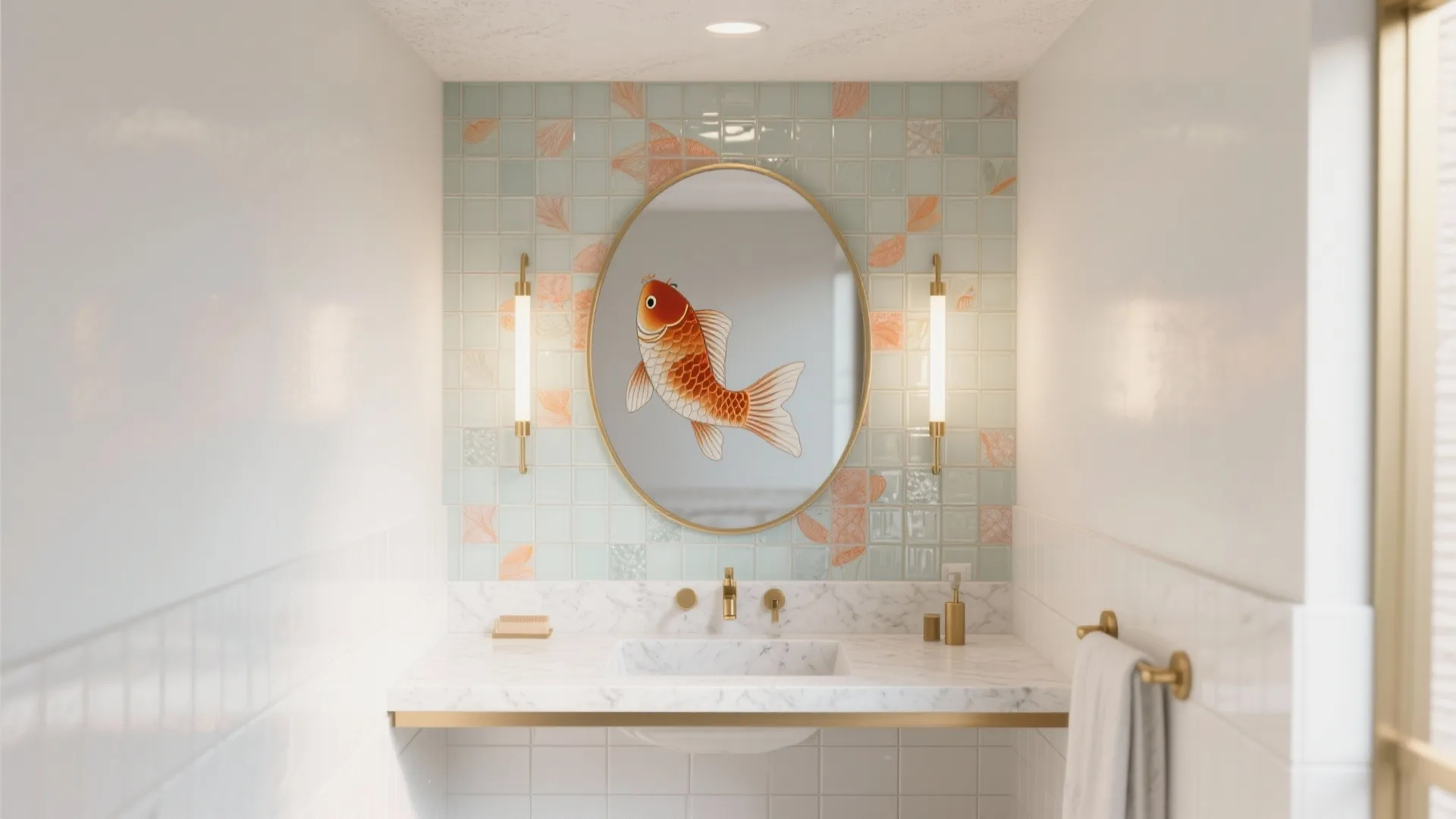 Bathroom vanity with marble sink oval mirror and green tiles featuring orange fish pattern design