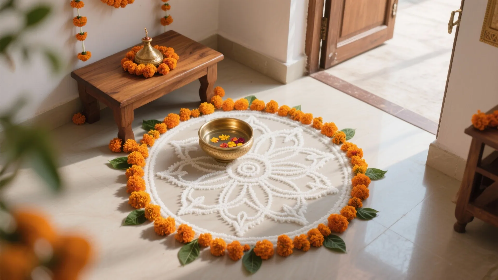 Compact Corner With Floor Kolam (Rangoli)
