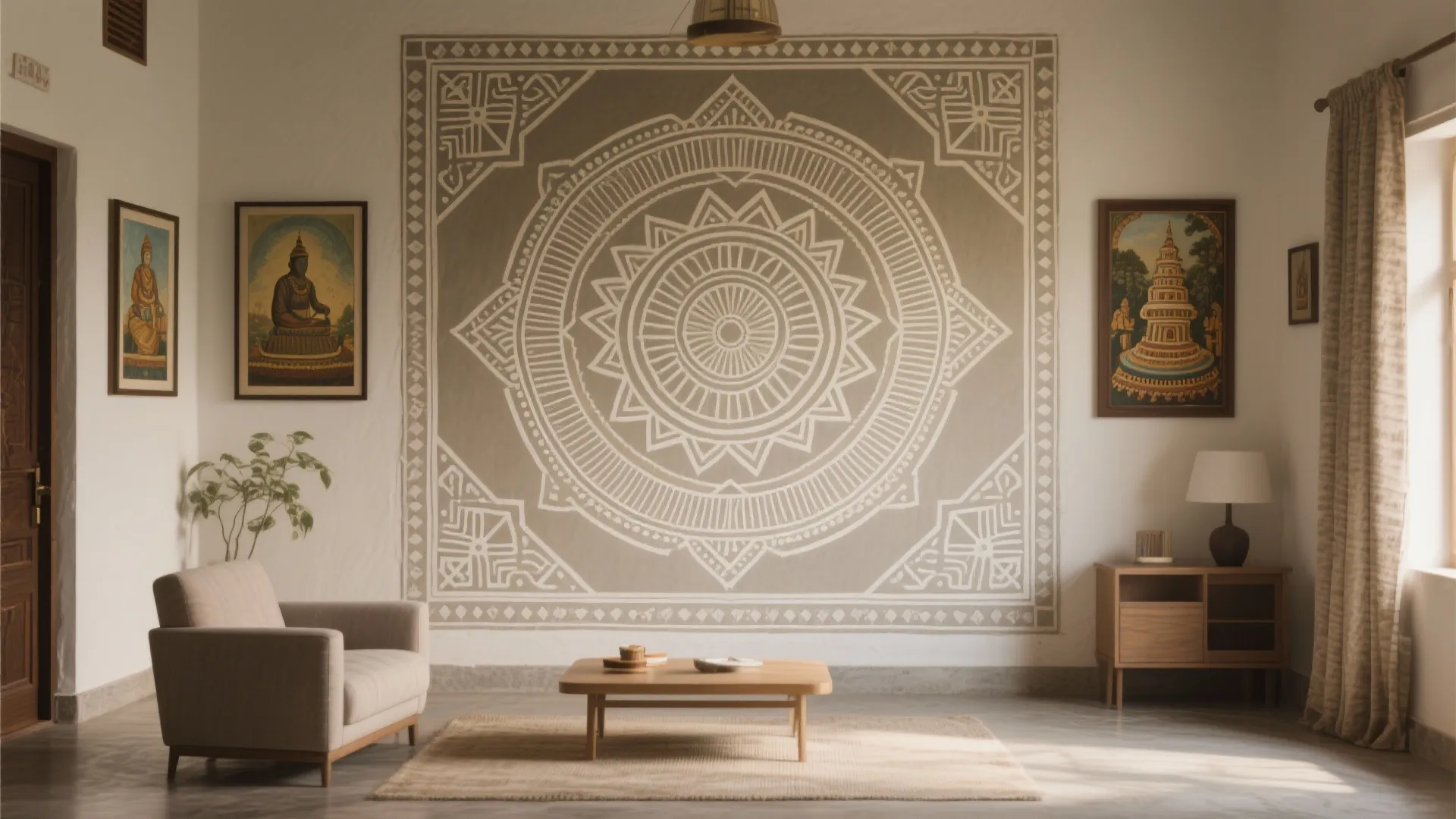 Feature wall with kolam designs and Thanjavur paintings in Tamil Nadu home