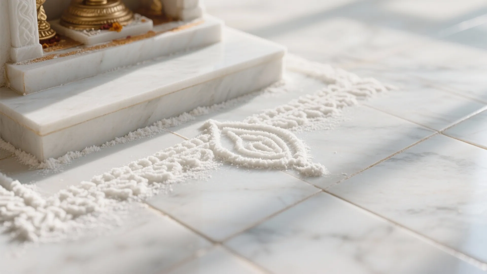 Macro of a white rice-flour kolam line on marble tile.
