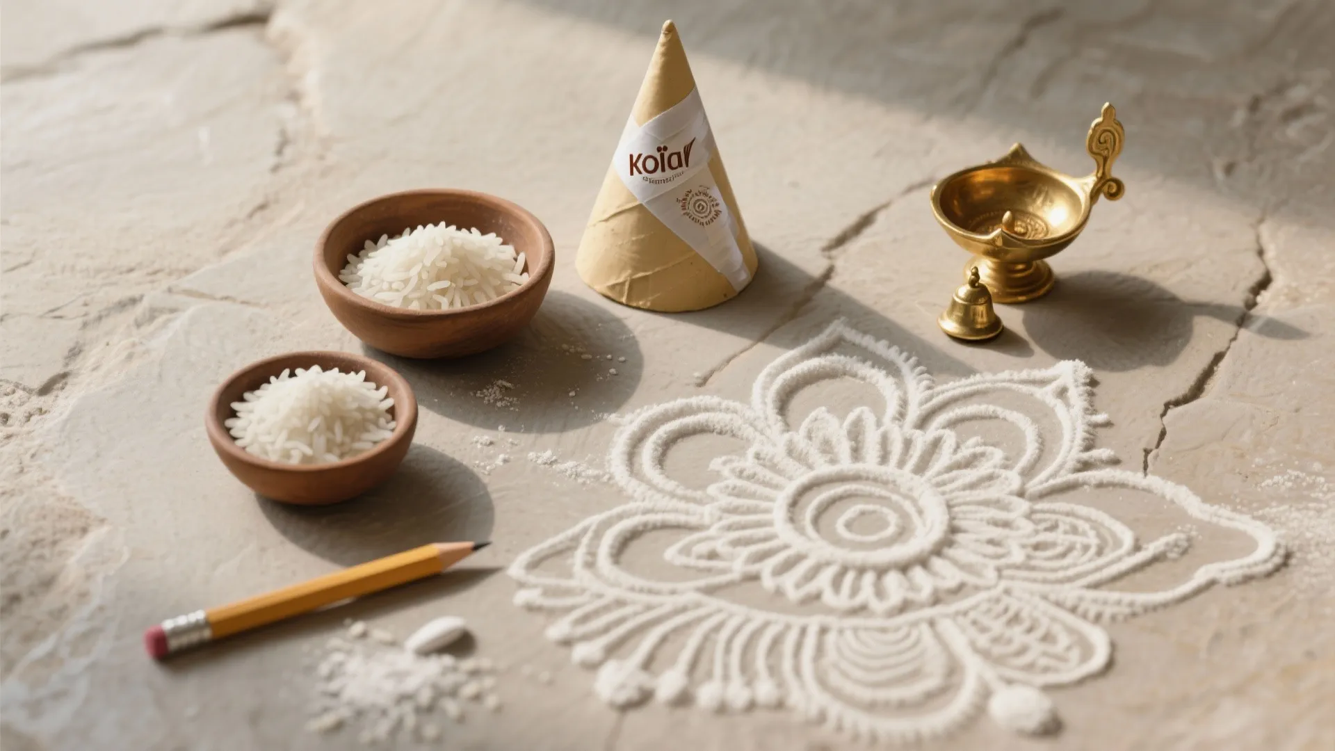Bowls of white rice and pencil next to golden oil lamp on stone floor pattern