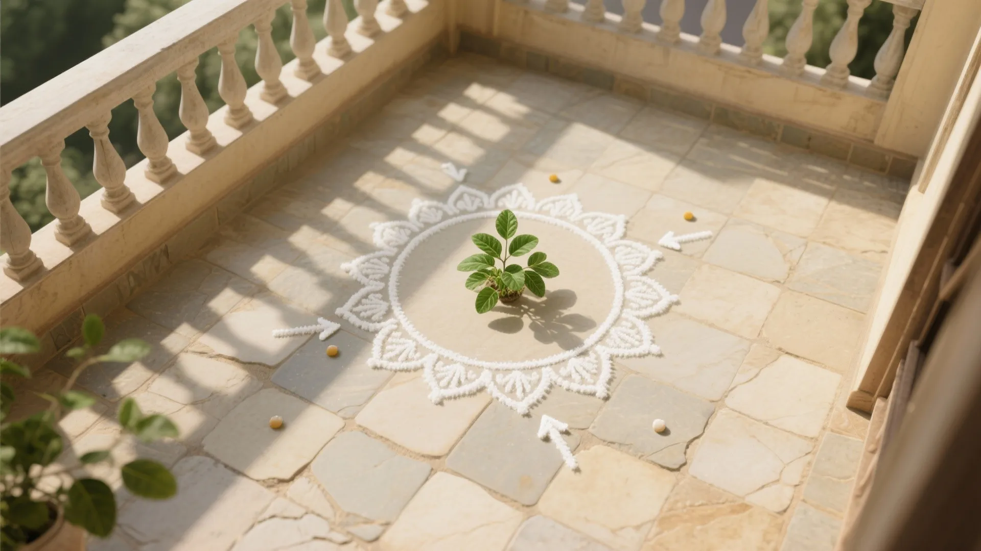 Minimal Kolam Ring Around the Tulsi