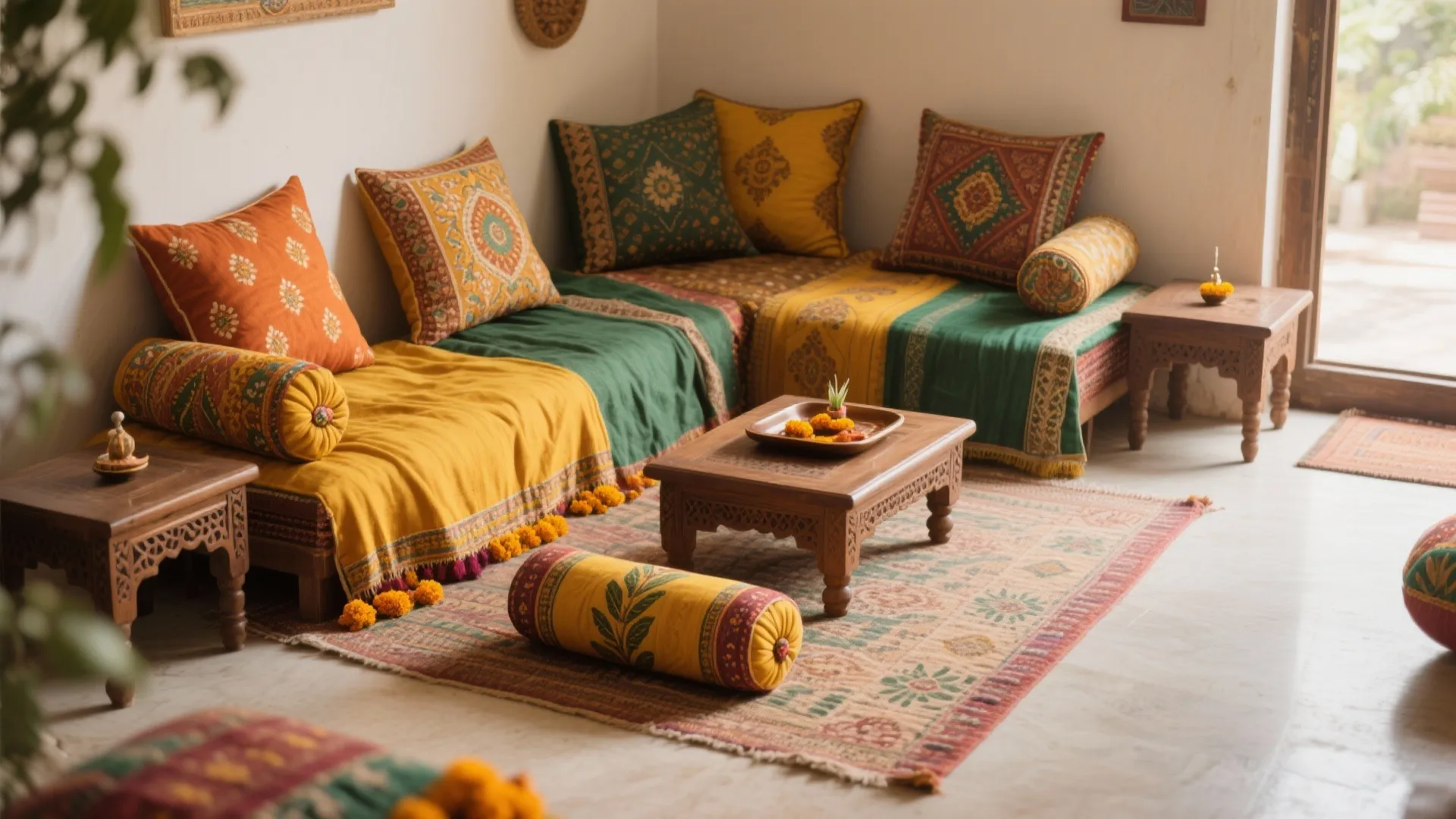 Seating with Kolhapuri Cushions & Low Stools