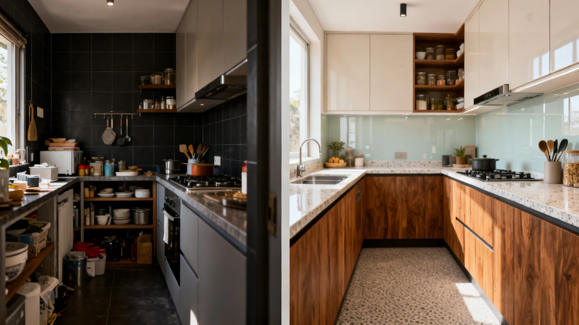 Before-and-after of a compact Kolkata kitchen transforming from dark and cluttered to bright and organized.