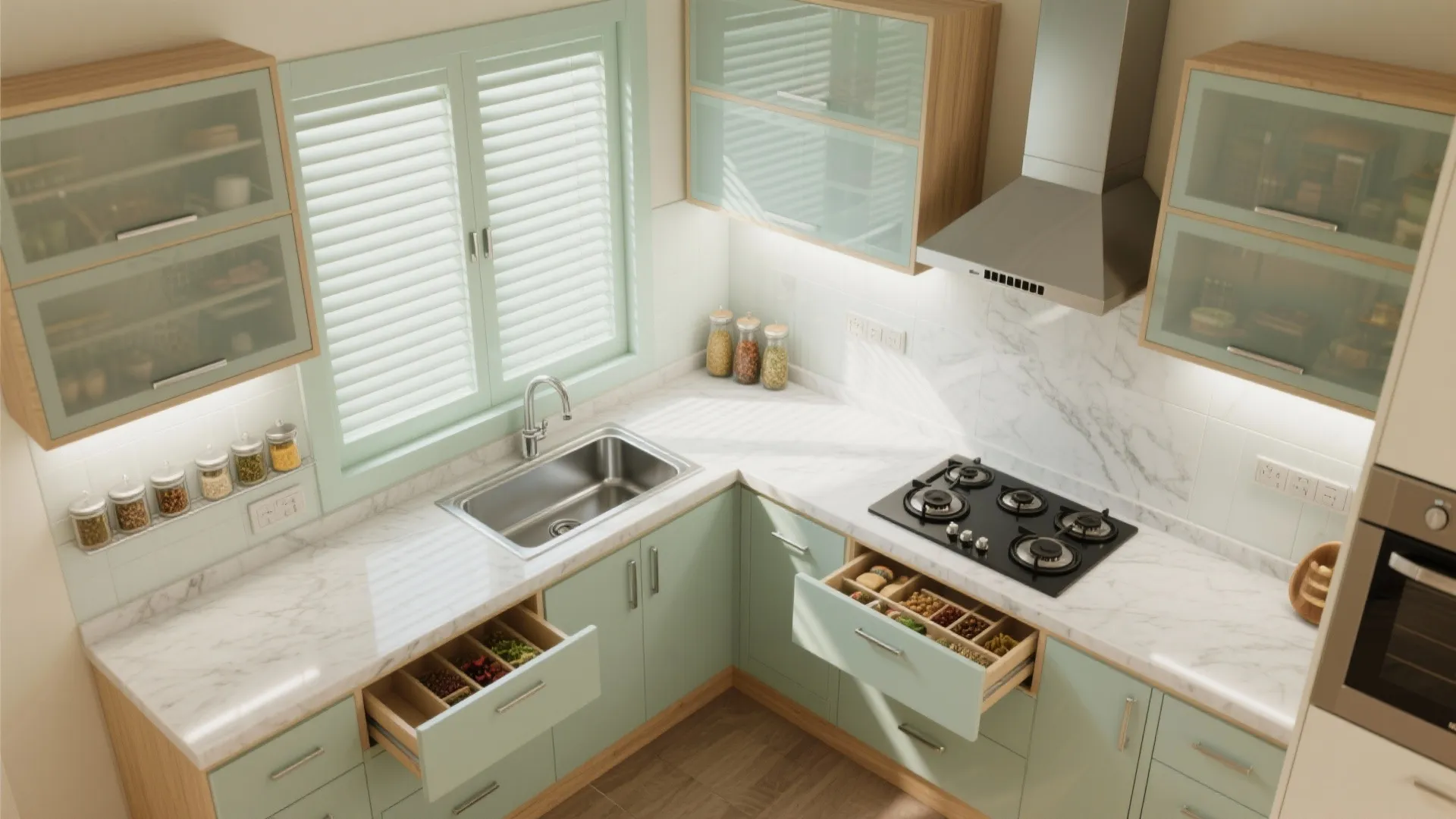 L-shaped or parallel kitchen tuned for Kolkata cooking