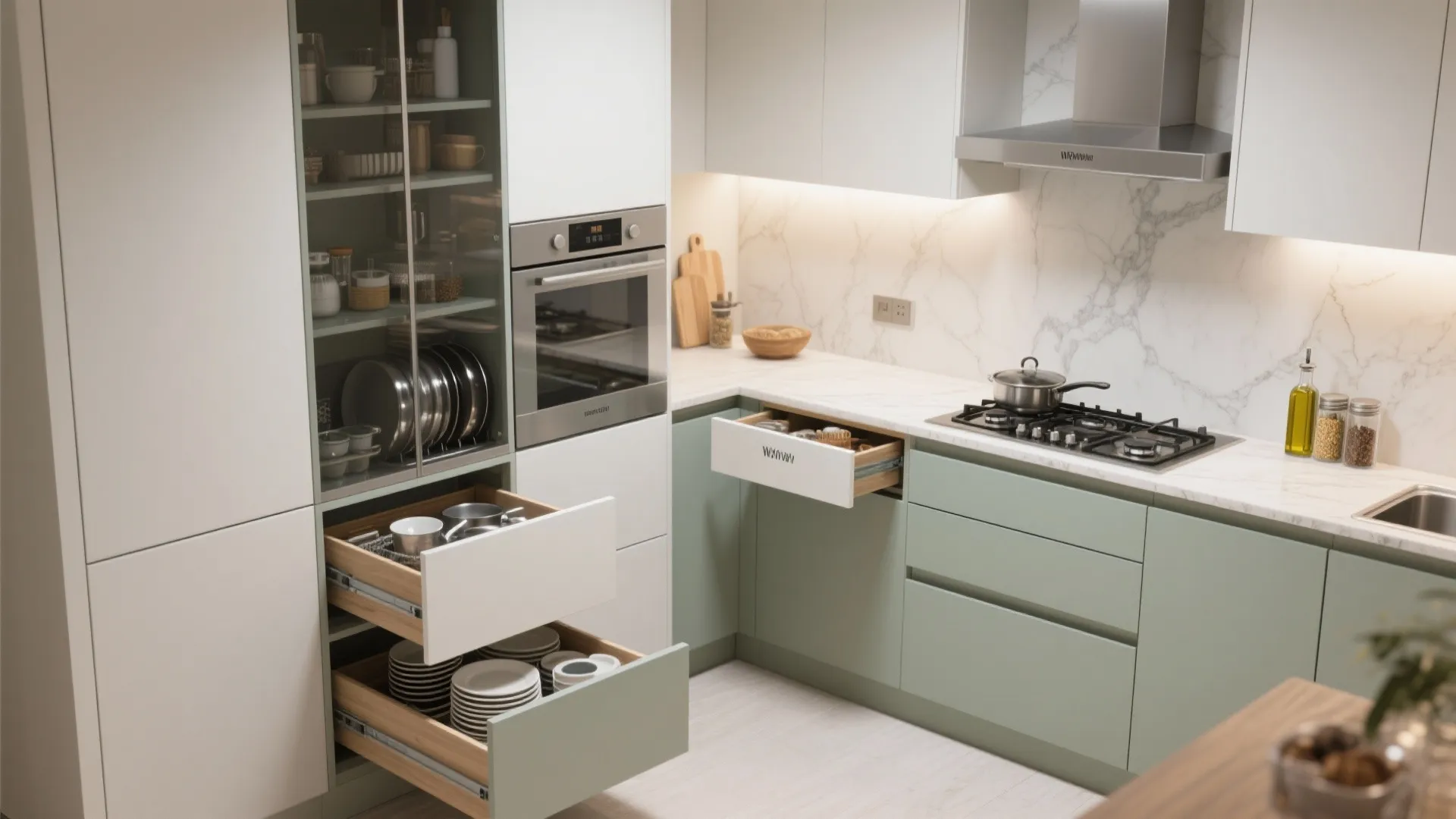 Light green kitchen cabinets with glass storage unit gas stove oven and open pull-out drawers