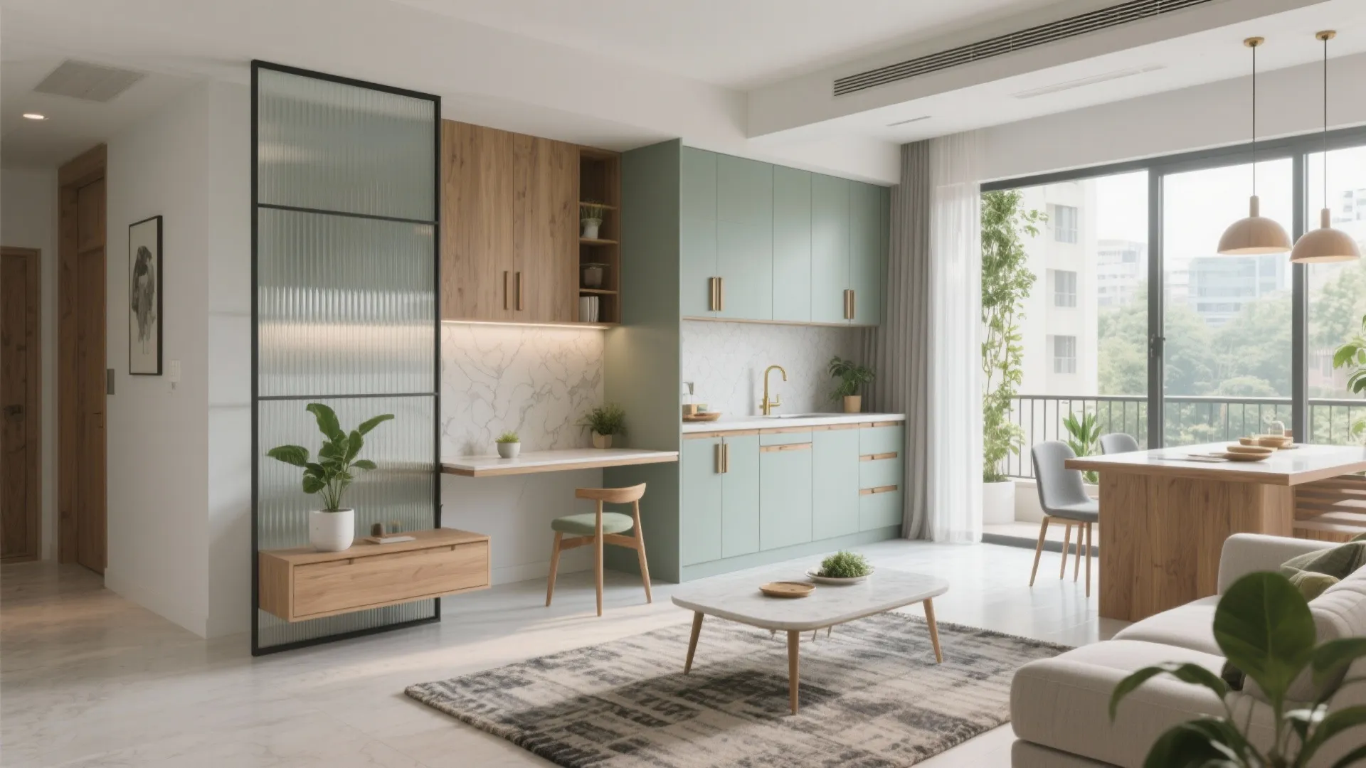 Bright open plan living room featuring light green cabinet units wooden desk and glass divider