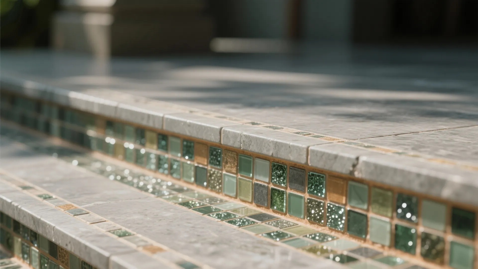 Close up of stone steps decorated with green and brown small square tiles in sunlight shadows