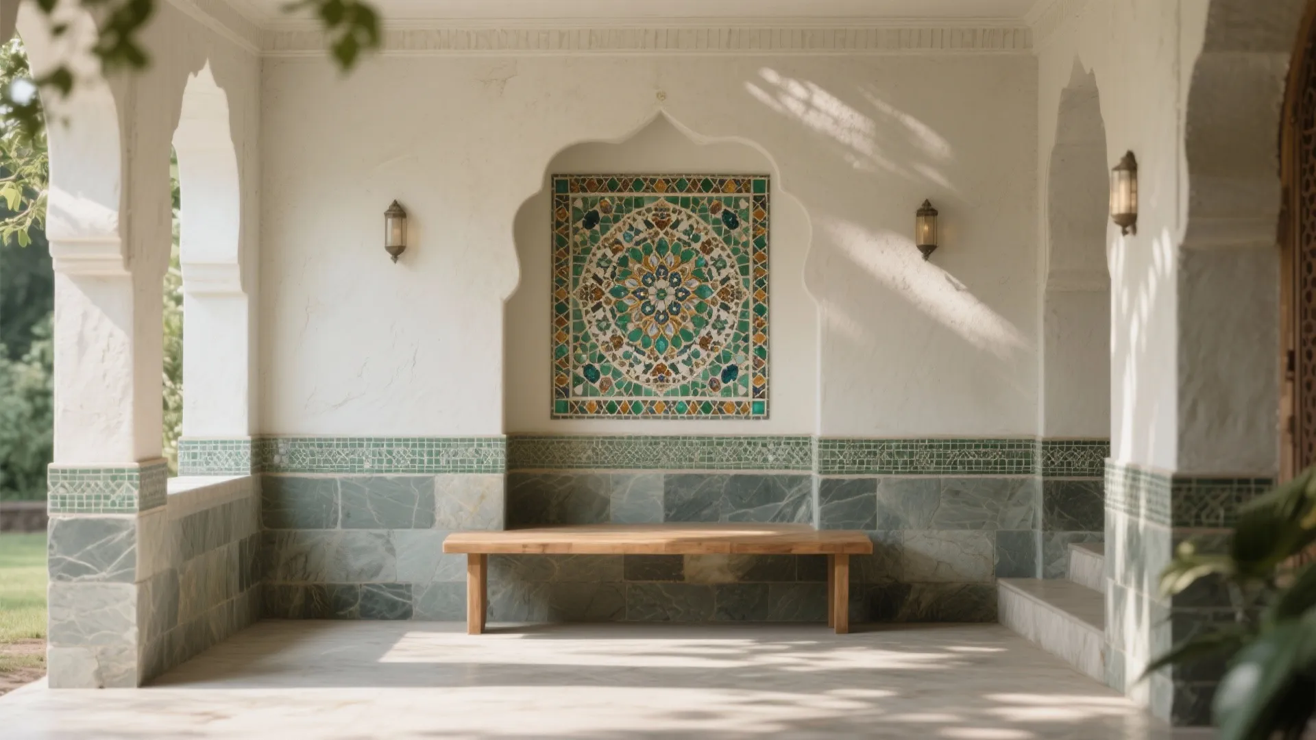 White wall interior with green mosaic pattern and wooden bench plus wall lights and stone flooring