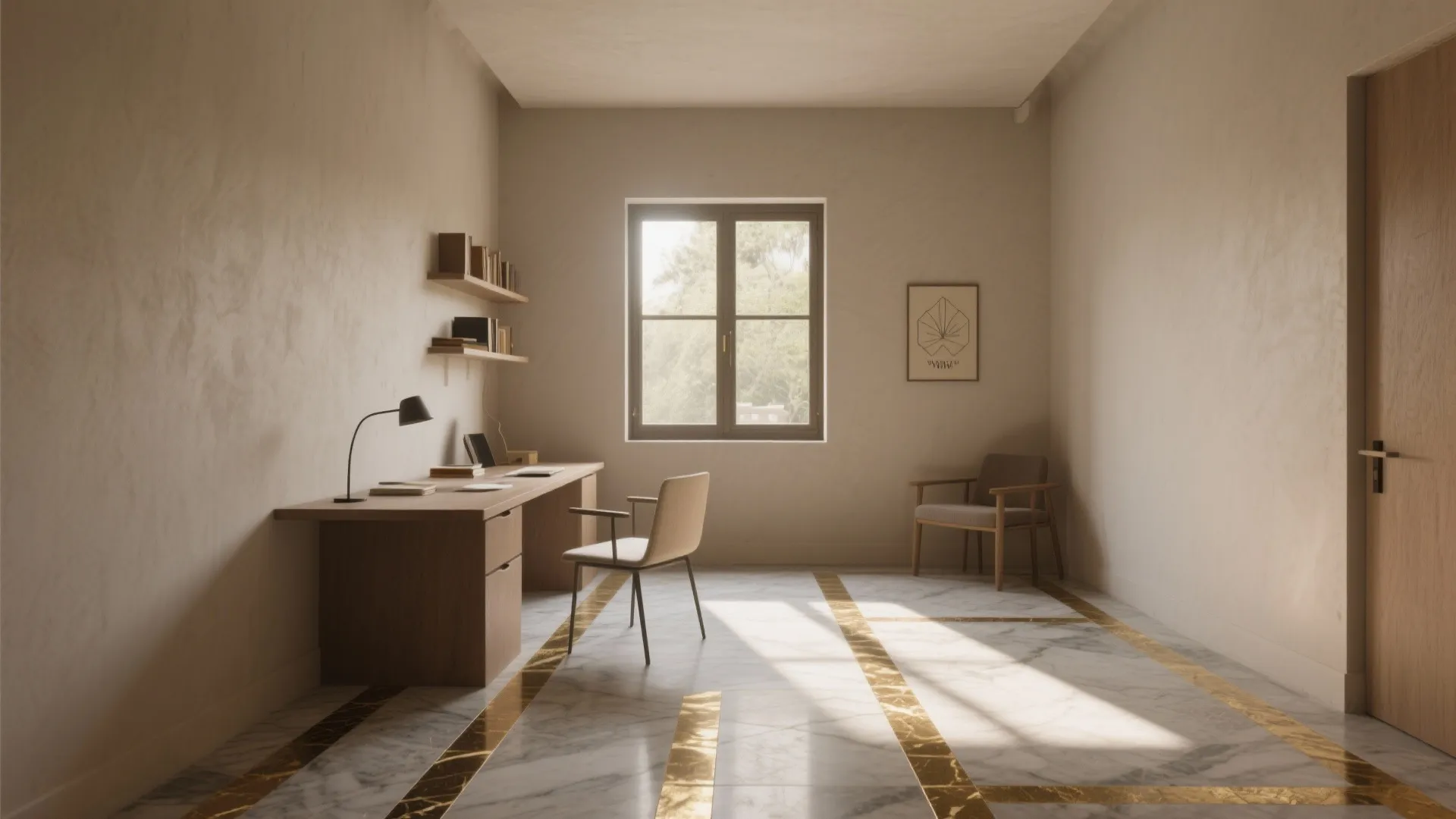 Minimalist home office with wooden desk and marble floor featuring gold stripes and natural light